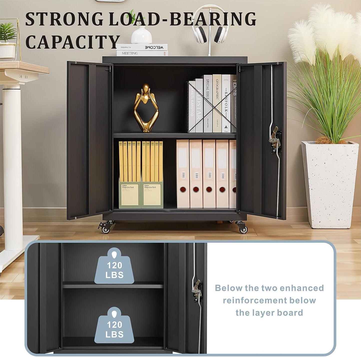 LUCYPAL Metal Storage Cabinet with Locking Doors and Wheels,Garage Storage Cabinets with 1 Adjustable Shelf for Home Office,Steel Counter Cabinet for Office,Garage,Kitchen,Black