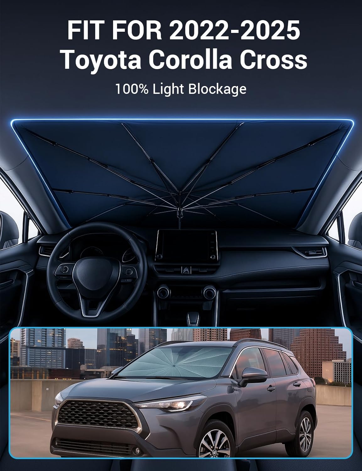 Proadsy Windshield Sun Shade Umbrella for Toyota Corolla Cross 2022-2025 2026 Foldable Car Umbrella Sunshade with Soft TPU Handle Spring Structure Crystal Cooling Material Protect Car from Rays & Heat