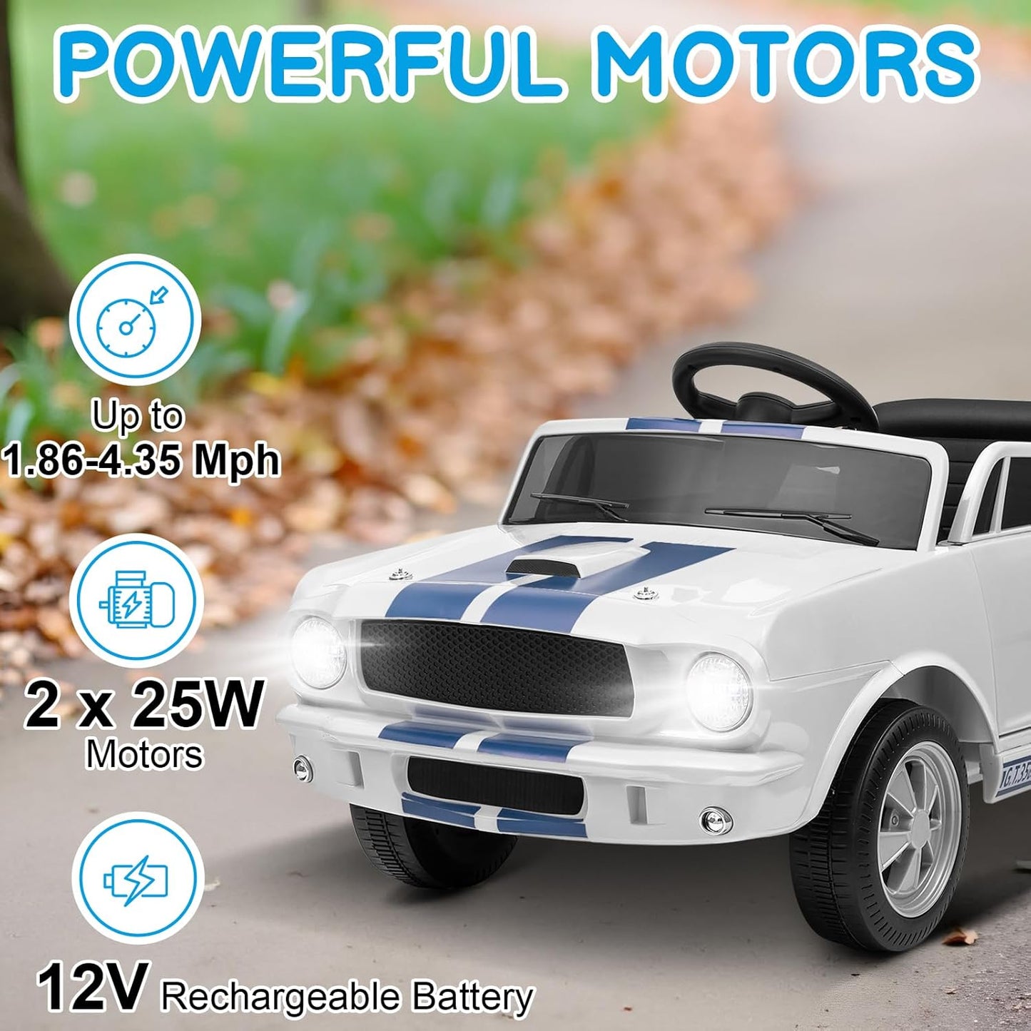 Winado Licensed Shelby Electric Car for Kids, Battery Powered Ride On Toy for Toddlers with Remote Control, Upgrade Display Panel, Bluetooth, Shock Absorbers, Safety Belt, 3 Speeds, LED Lights - White