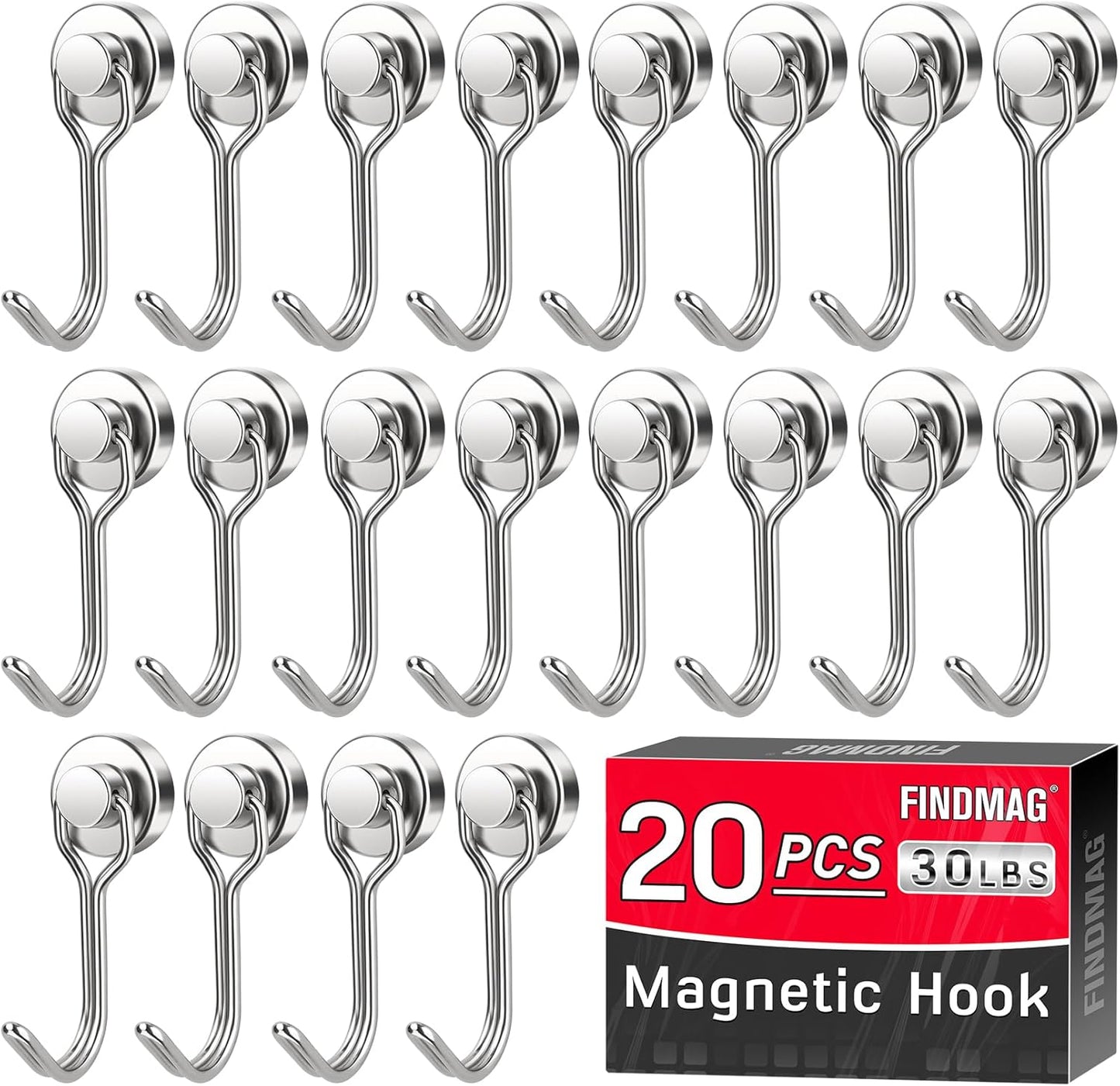 FINDMAG Magnetic Hooks, 30lbs+ Magnetic Hooks Cruise Ship Essentials 2025 Strong Magnet Hooks Heavy Duty, Swivel Swing Hooks for Fridge, Kitchen, Classroom, Garage, Grill (20 Pack, Silver)