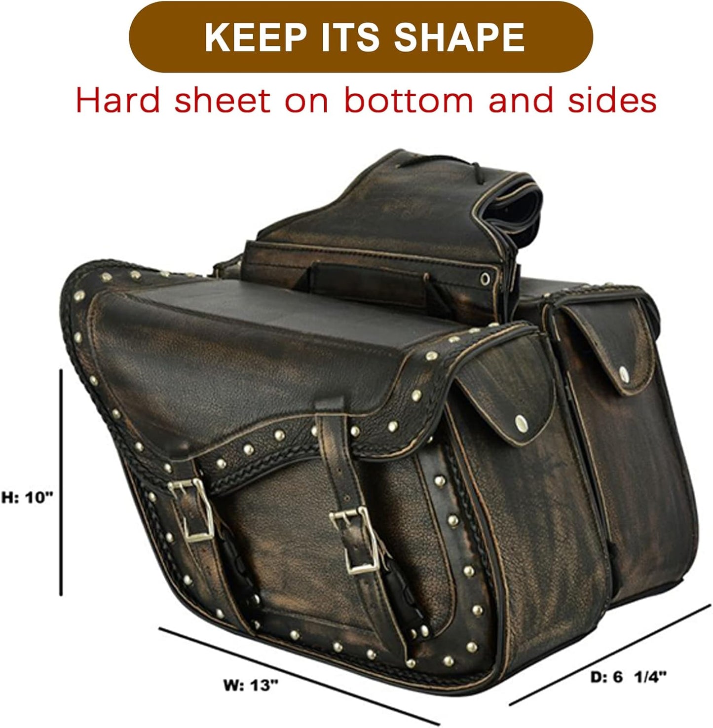 Dream Apparel Naked Cowhide Leather Motorcycle Saddle Bags Studded Throw Over Saddlebags, Motorcycle Side Bags for Honda Shadow Sportster Softail Dyna V-star (Distressed Brown, With Studs)