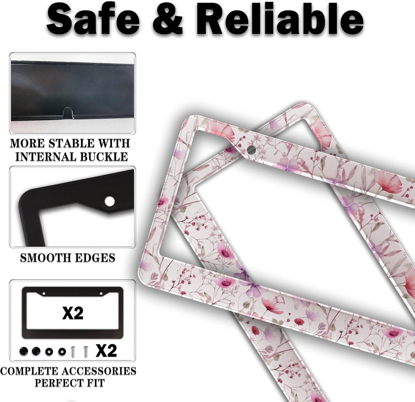 License Plate Frame Holder for Women Powder License Plate Frames for Men Pink Flower Aluminum Metal Car Accessory 2 Pack with Screw Covers Set