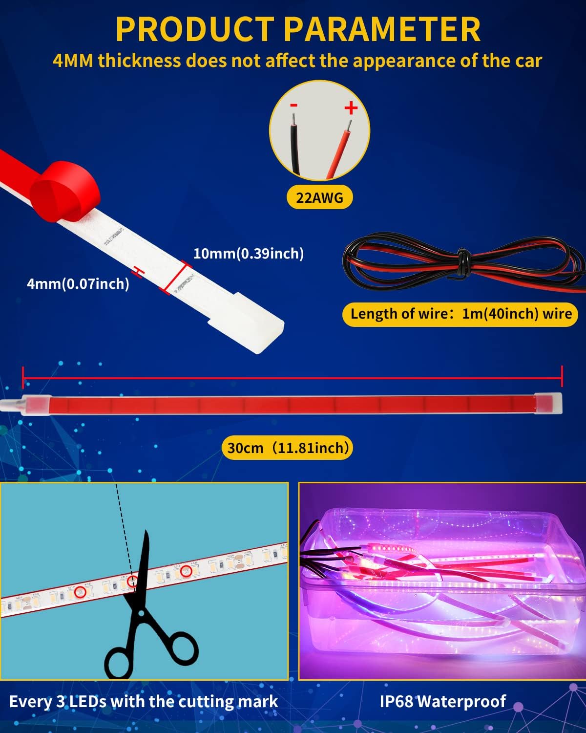 Pink Led Strip Lights,12V Interior Light Strip IP68 Waterproof Cuttable for Car Motorcycles Boat Golf Cart Truck Cargo Home Decoration with Strong Nano Tape 12inch(Pack of 4)