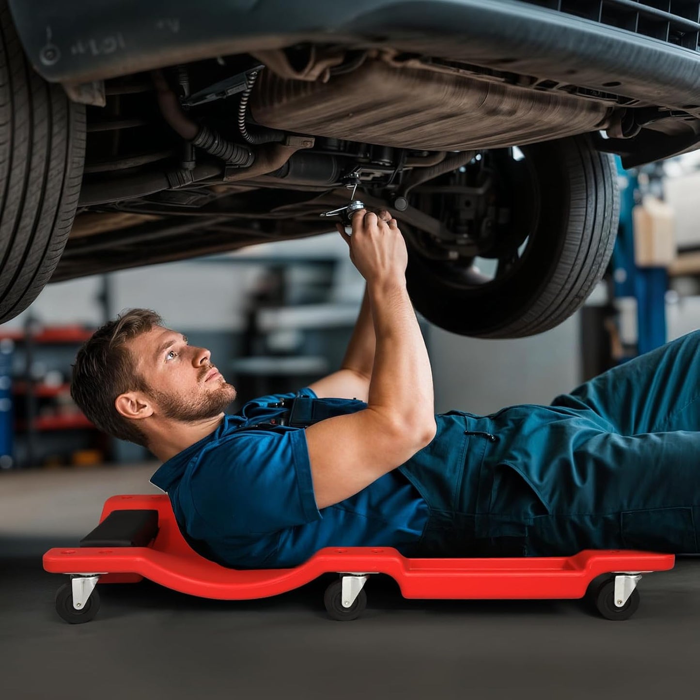 Magshion Mechanic Creeper with Padded Headrest and Tool Tray, 330 lbs Capacity Rolling Garage Shop Creeper with 6 Wheels, Lightweight and Portable Automotive Creeper (Red)