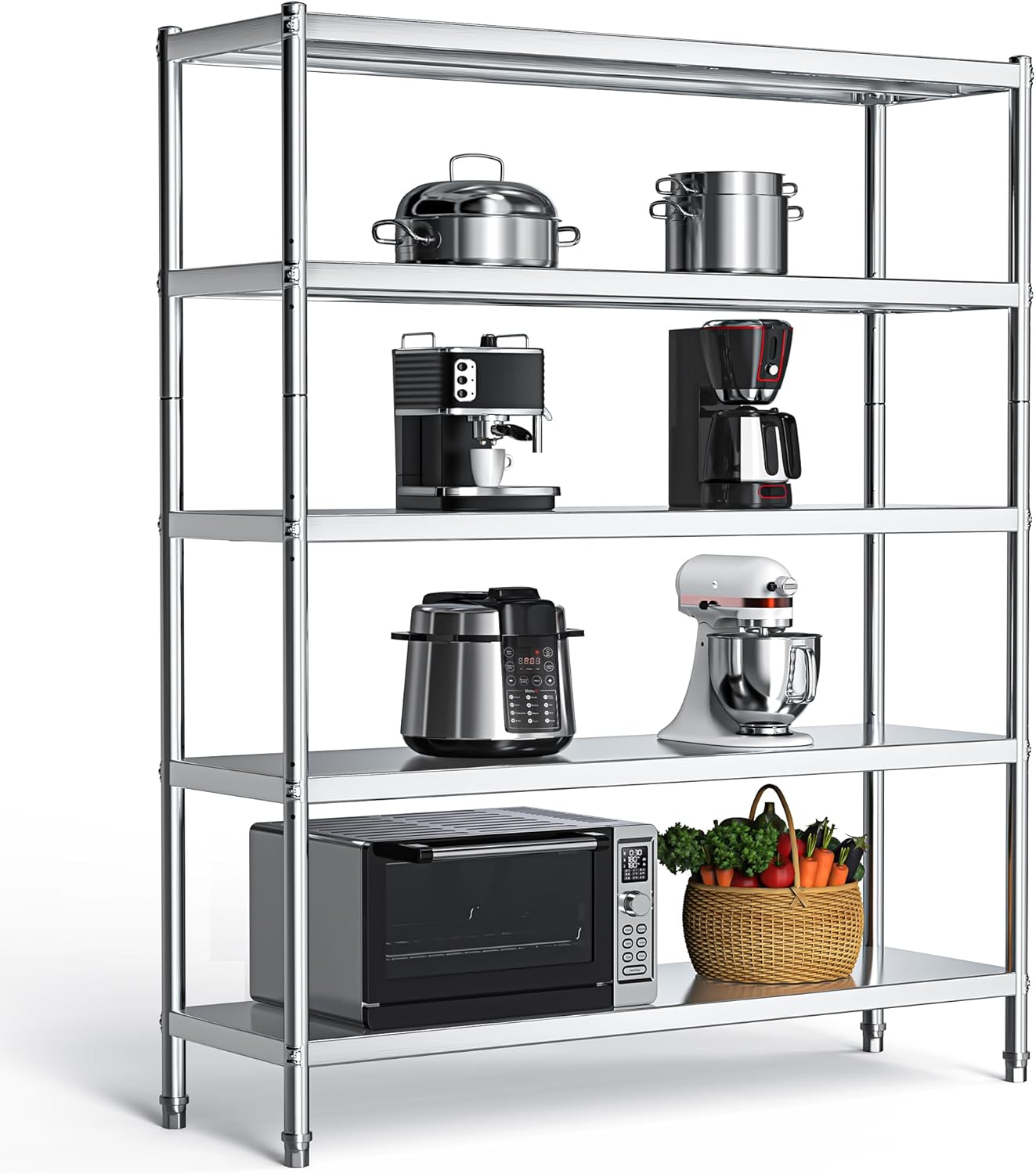 YITAHOME NSF Stainless Steel Shelves, 60"*18"*72" 5 Tier Storage Shelf, Heavy Duty Shelving for Kitchen Garage Office Restaurant Warehouse, 201 Bright Silver