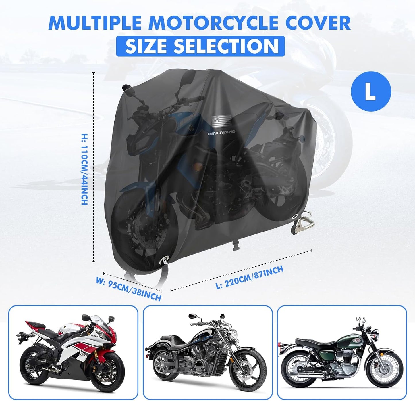 NEVERLAND Motorcycle Cover Waterproof Outdoor - Black Heavy Duty Scooter Cover, Motorbike Cover with Refletive Logo, Lock-Hole, Bandage, Storage Bag-Protect Against Dust, Debris, Rain and Weather(L)