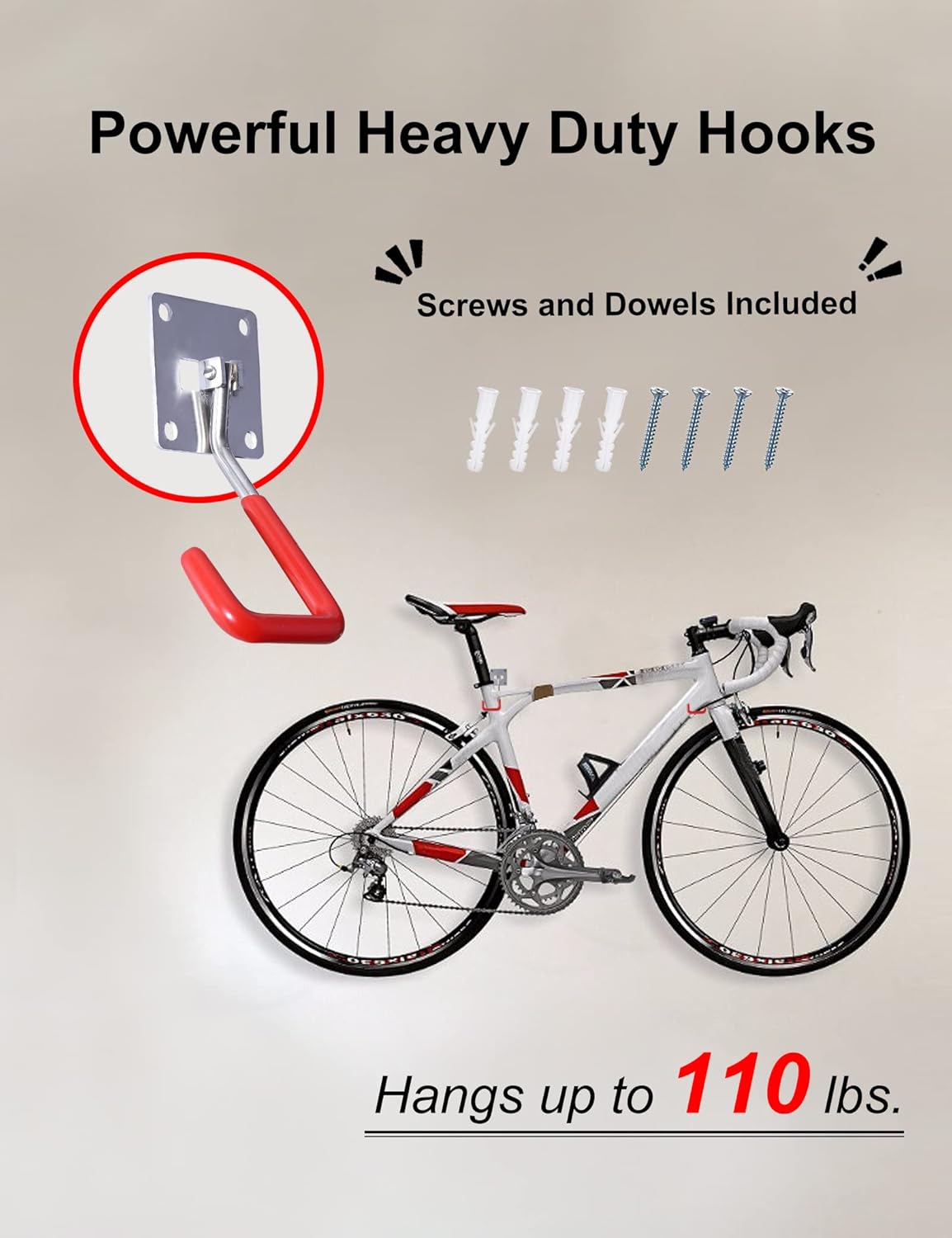 HAISHINE Stainless Steel Heavy-Duty Adjustable Wall Storage Hooks with Anti-Slip Coating for Chainsaws, Bicycle, Garden Tools (Screws and Dowels Included)