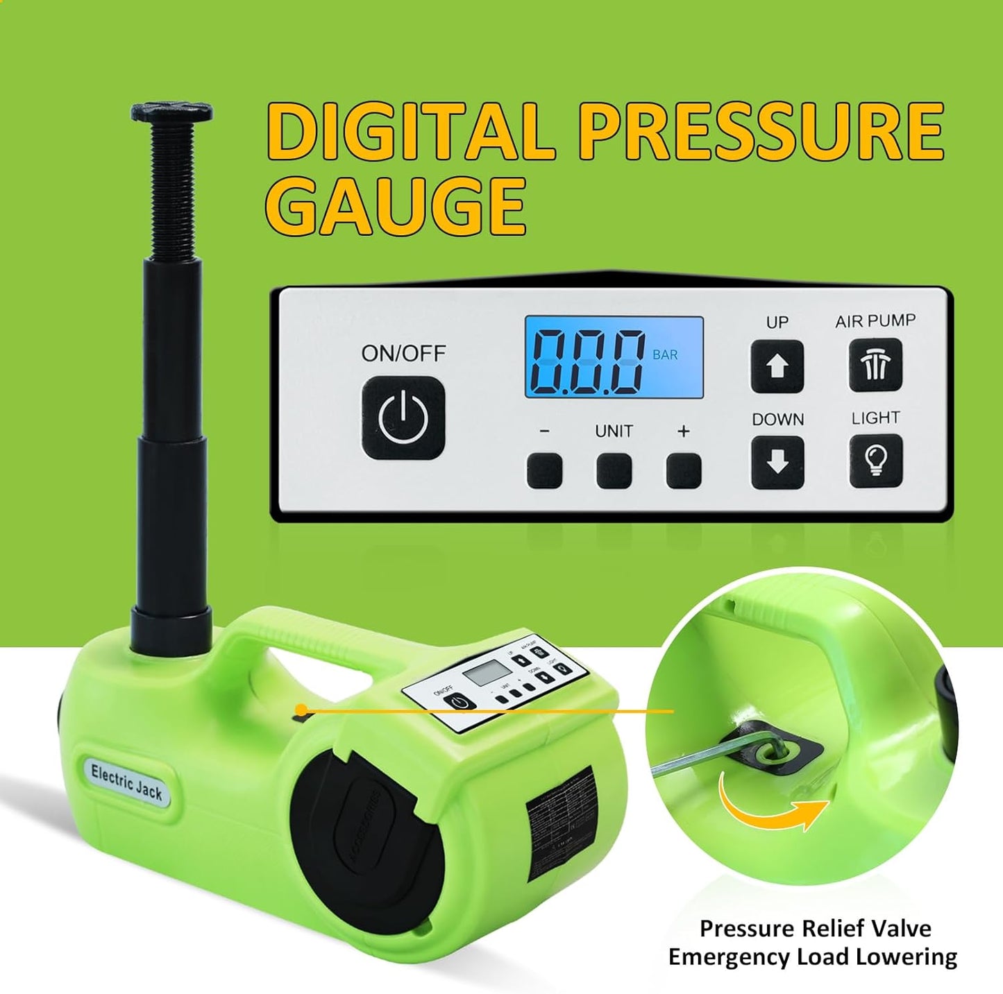 Electric Car Jack Kit 5Ton 12V Car Jack Hydraulic (Lifting Range: 6.1-20.86 inch) with Impact Wrench & Inflator for SUV MPV Sedan Truck with LCD Tire Pressure Display