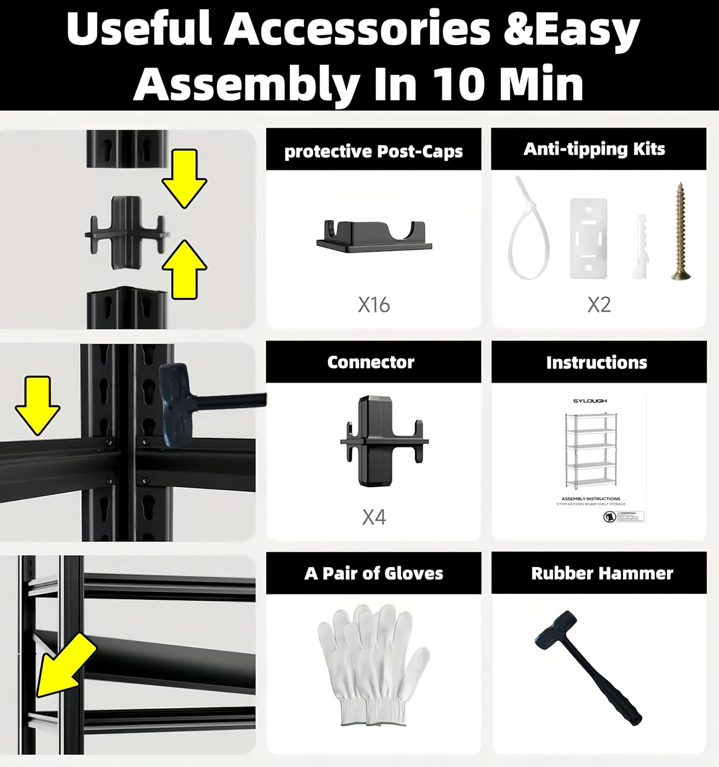 5 Tier Metal Shelving Unit, Adjustable Storage Shelves, 72" H x 47.47" W x 17.75" D Heavy Duty Garage Shelves for Warehouse, Basement, Kitchen, Pantry, Living Room, Black