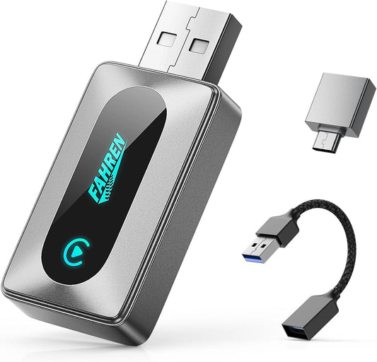 FAHREN 2025 Upgraded Wireless CarPlay Adapter for iPhone,Bluetooth & WiFi Connection,Compatible with iOS 10+ & car from 2016+,No Lag,Includes Type-C Adapter & Extension Cable USB A.