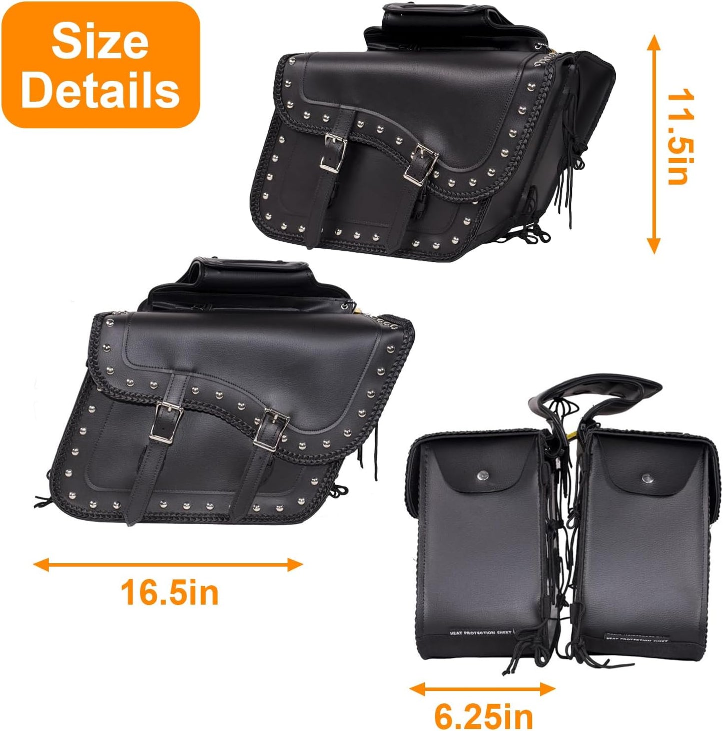 GARGOYLE BELLS Motorcycle Saddle Bags Synthetic Leather Motorcycle Luggage Bag Waterproof Throw Over Saddlebags For Softails Sportsters Choppers Dyna V-star Shadow (With Studs, Black, 16"x13"x11.5")