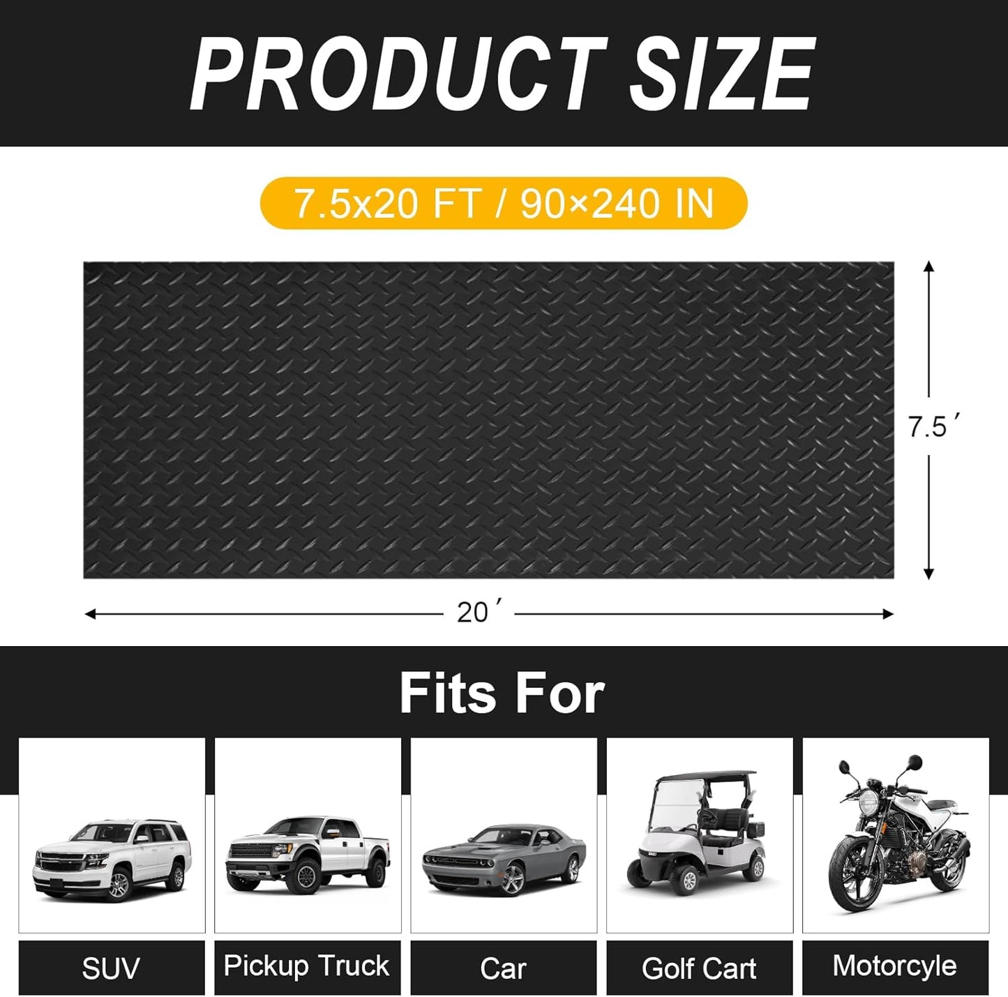 7.5x20 FT Garage Floor Mat, 2.8mm Thickened Flooring Roll with 20Pcs Tapes, Diamond Plate PVC Rubber Trailer Mat, Non-Slip Floor Protector Mat for Garage, Warehouse, Gyms, Trailer(Black)