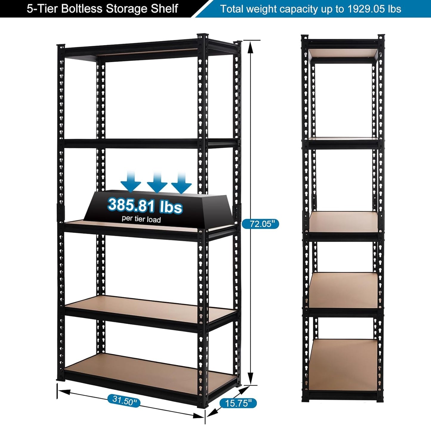 PACHIRA E-Commerce 5 Tier Storage Shelves 31.5" W x 15.75" D x 72" H, Adjustable Metal Shelving Heavy Duty Garage Shelving Unit Utility Rack Shelf for Storage Warehouse Pantry Closet, Black