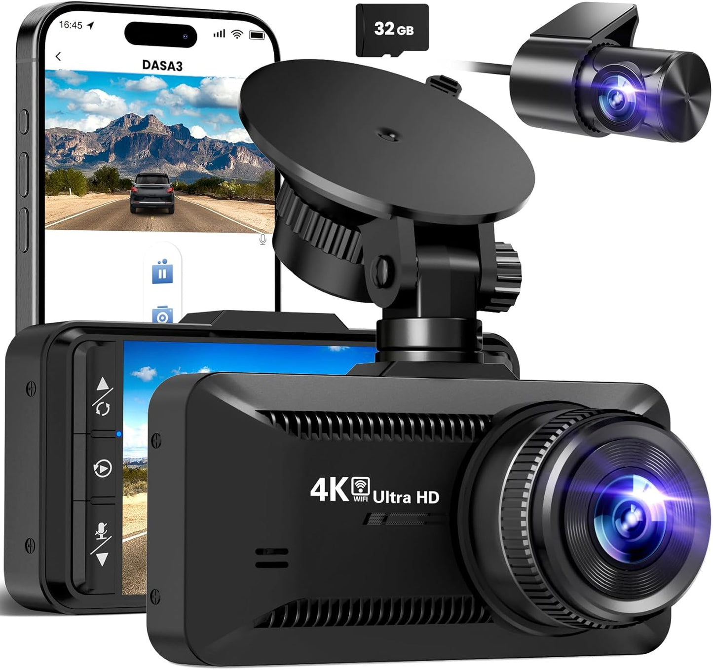 Dash Cam Front and Rear 4K/1080P, Dash Camera for Cars Build in WiFi, Full HD Dash Cam with APP Control, 3.94'' IPS Screen Dash Camera with 32GB SD Card, G-Sensor, 24Hr Parking Mote, Loop Recording