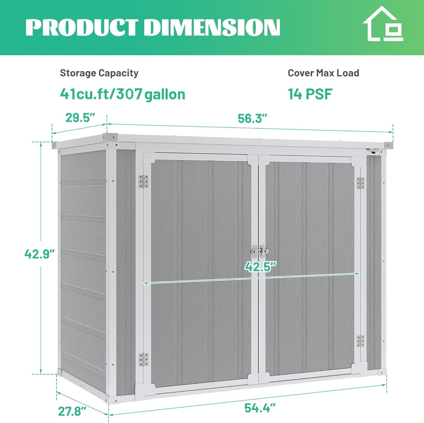 41 Cu.Ft Resin Shed with Floor, 4.7x2.5 FT Outdoor Horizontal Storage Shed for Trash Cans and Garden Tools, Waterproof Outdoor Plastic Shed for Lawn Mower, Pool Toys, Bicycle (Gray)