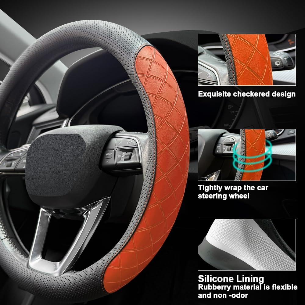 LKWLIKEI Nappa Leather Steering Wheel Cover, Diamond Checkered Design, Non-Slip wear-Resistant, Enhance Driving Comfort, Suitable for Steering Wheel Diameter 14 1/2‘-15’ Models.Black Orange