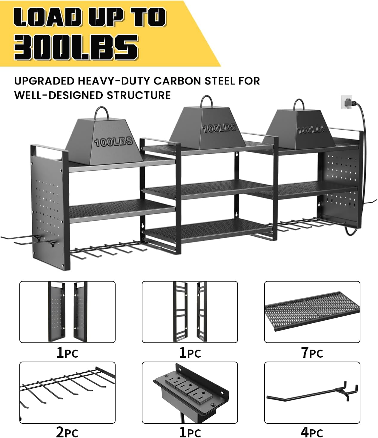 Heavy-Duty 48" Wall Mount Power Tool Organizer with Charging Station – 3-Tier Garage Organization Rack for Drills, Wrenches & Tools – Includes 16 Hooks & Pegboard Sides