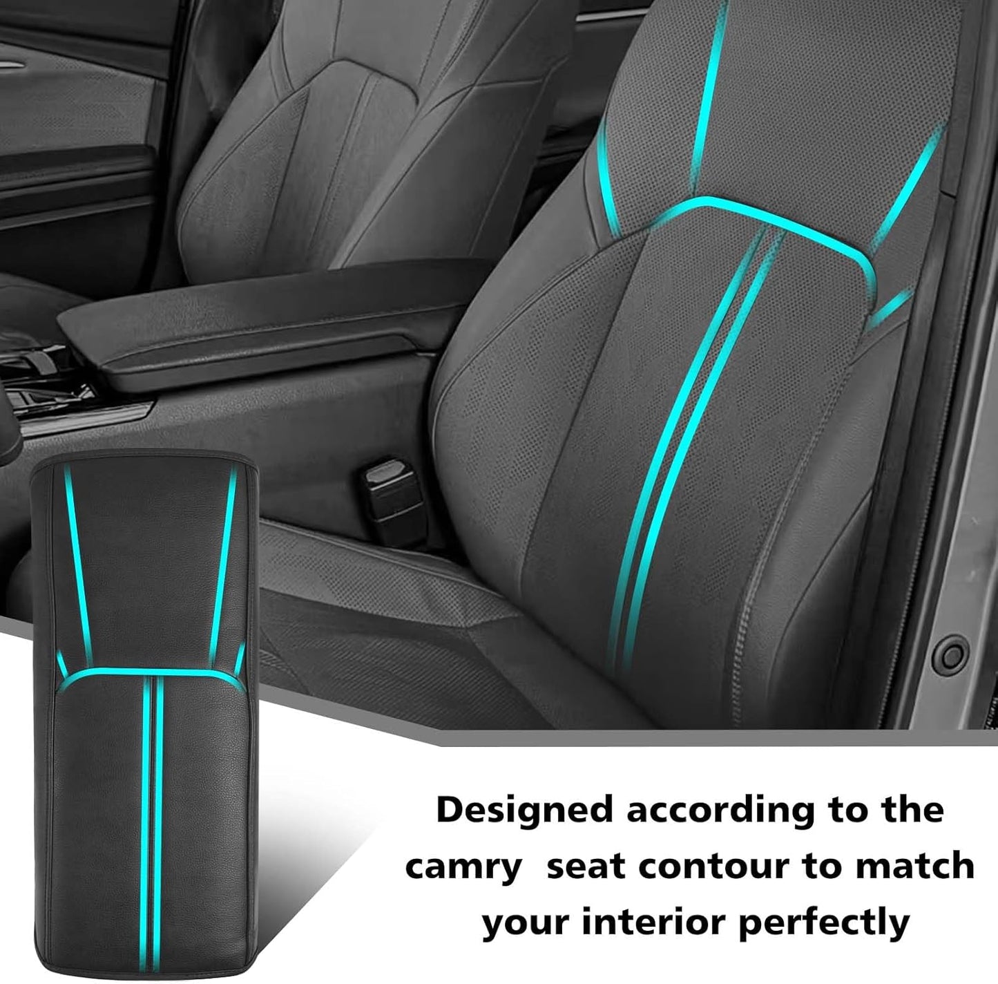 Muslogy Armrest Pad Center Console Cover Compatible with 2025 Toyota Camry LE SE XLE XSE Accessories Armrest Lid Protector Vegan Leather Extra Soft Lid Cushion (Black/Black Stitching)