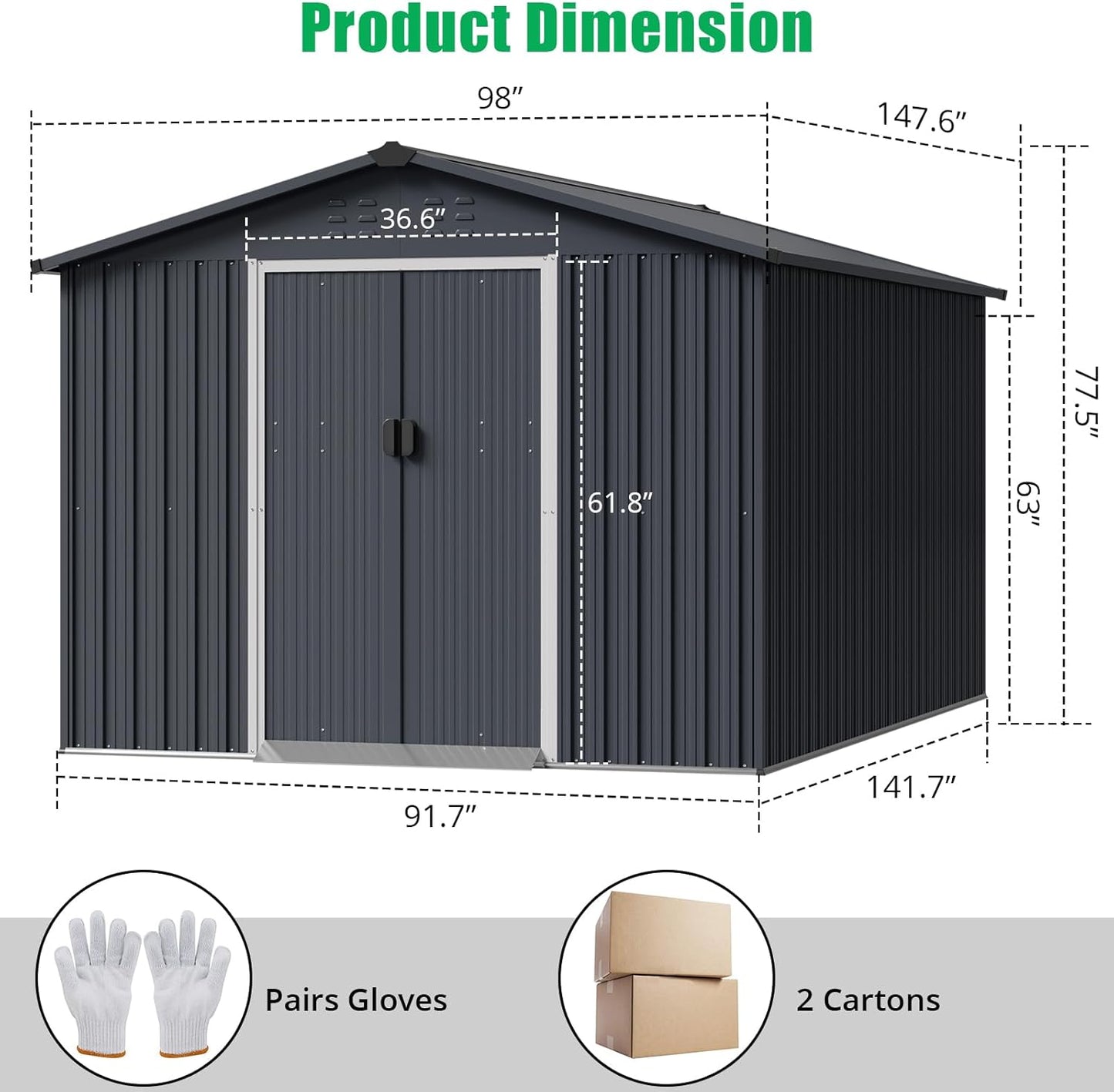 Outdoor Storage Shed 8 x 12 Ft, Outdoor Tool Metal Shed with Lockable Door, Air Vents and Sloping Roof, Metal Aluminum Waterproof Tool Sheds for Yard, Garden, Patio, Garage, Lawn, Gray