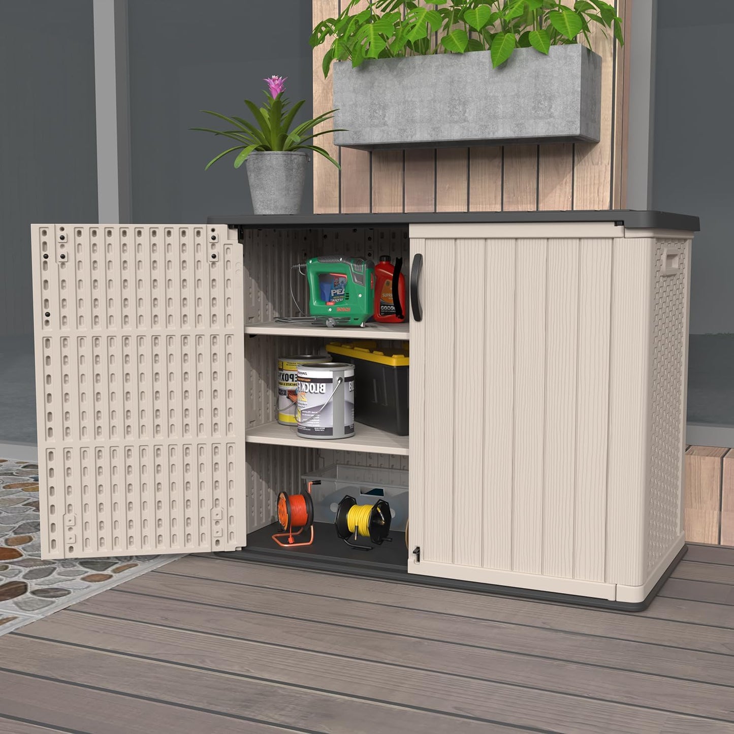 Patiowell 26 cu.ft Plastic Outdoor Storage Shed, Lockable Waterproof Resin Outdoor Storage Cabinet Tool Shed for Garden Tools, Garbage Cans, Pool Supplies, Beige(Not Include Shelves)