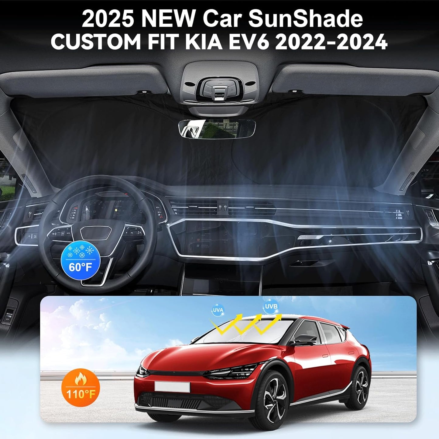 Custom Fit Kia EV6 Windshield Sunshade for 2022 2023 2024 2025 EV6 for Kia Front Window Shades Cover for Windshield Sun Visor Protector 210T Reflector Blocks UV Rays Cooler Car Accessories