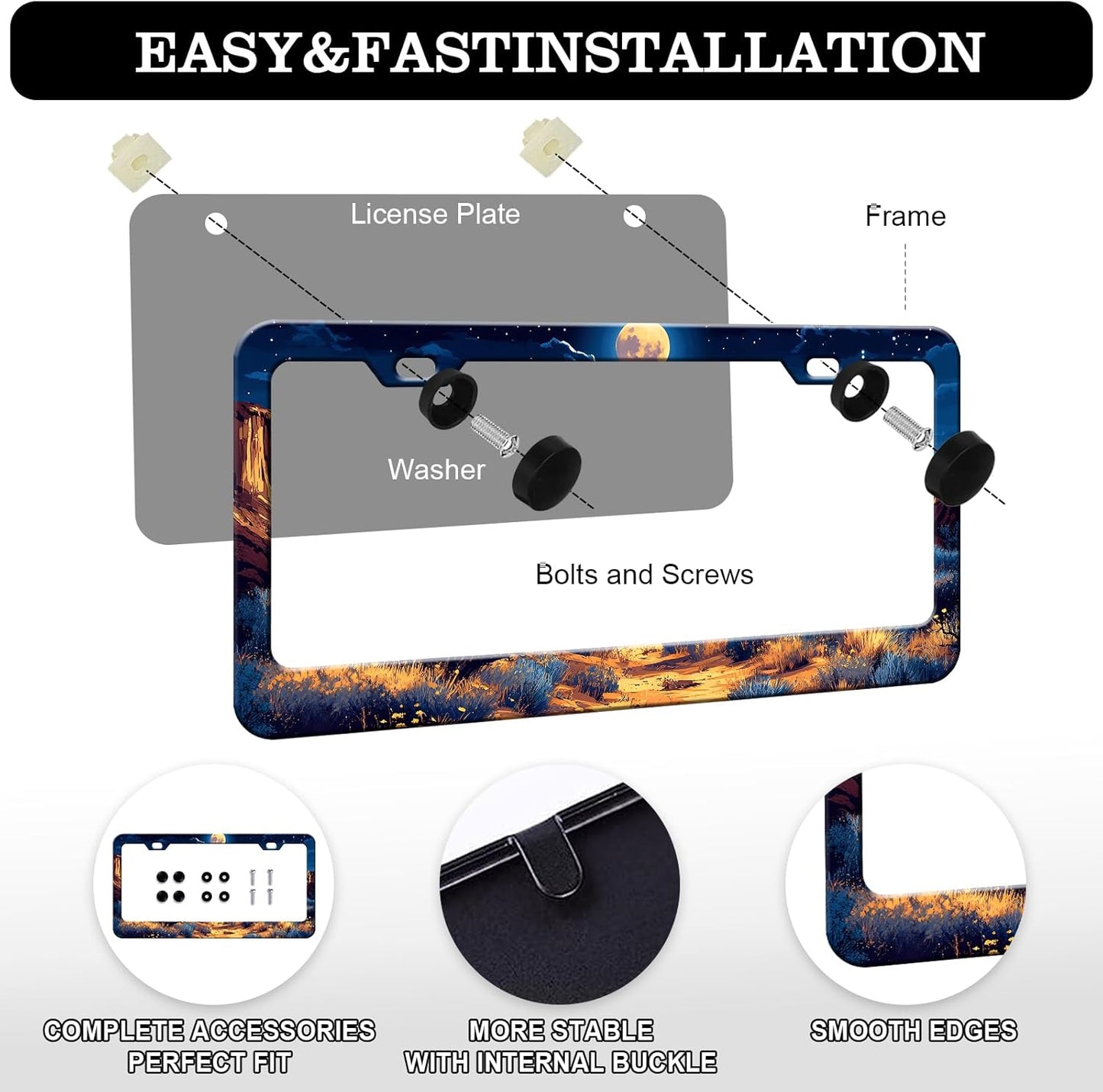 Moon License Plate Frames - 2 Pack Starry Sky Moonlight Stainless Steel License Plate Holder,Rust-Proof Waterproof Car Decorative Tag Frame with Screws Fasteners Caps