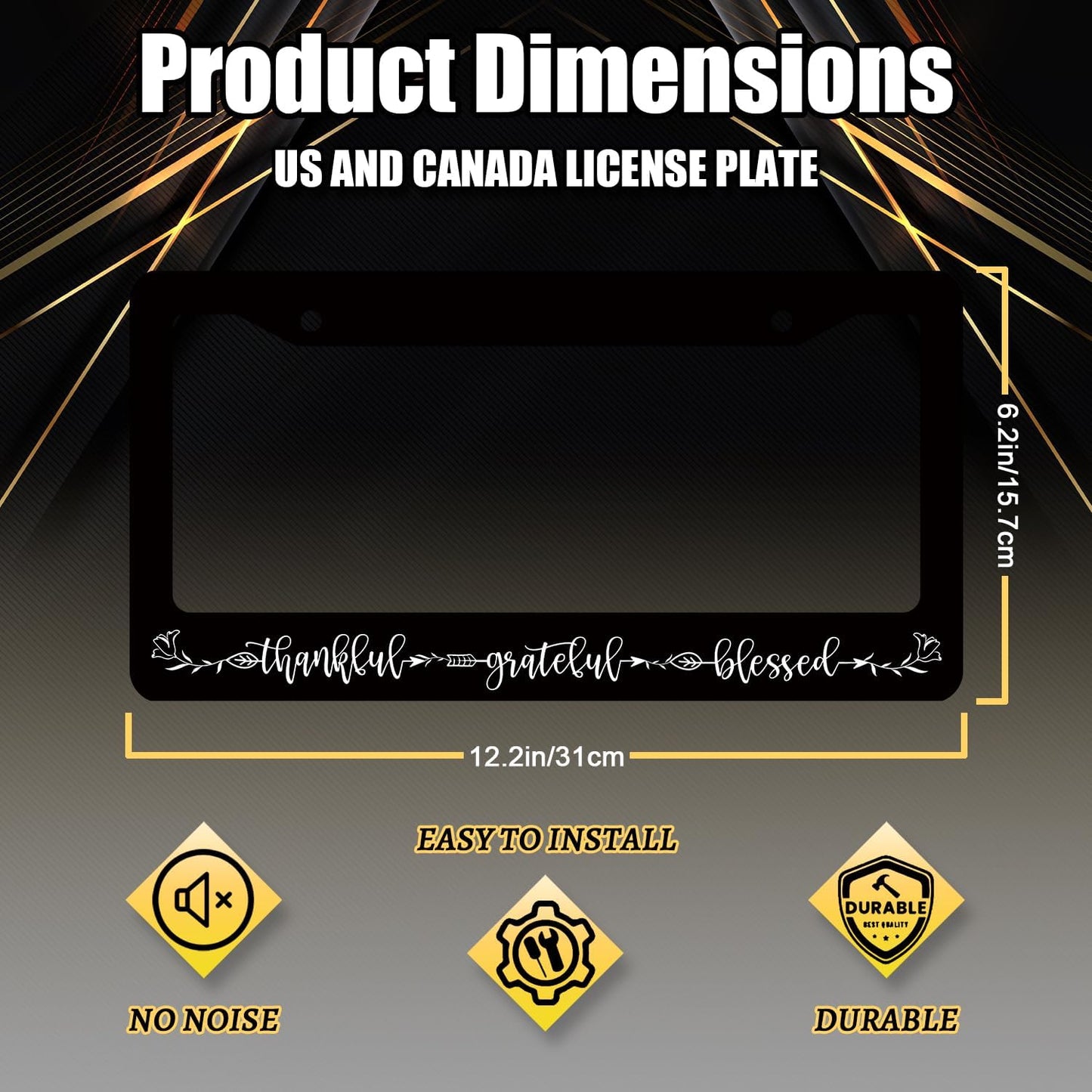 Thankful Grateful Blessed License Plate Frame Christianity License Plate Holder Funny License Plate for Belief Car Decoration Stainless Steel Car Accessory with Screws Men Women 12.3" x 6.3"