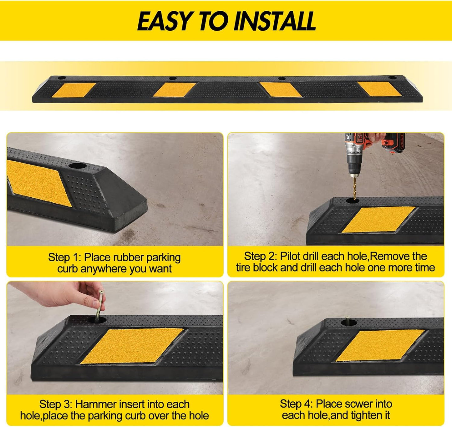 Parking Stoppers for Garage, 72 Inch Premium Parking Block Curb with Yellow Reflective Stripe, Heavy Duty Wheel Stopper for Cars, Vehicles, Trucks, Installation Kits Included, Pack of 2