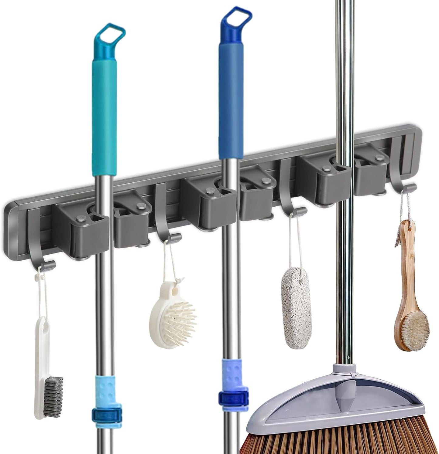 Broom Holder Wall Mount, Aluminum Mop and Broom Holder Hanger with 3 Racks and 4 Hooks, Mop Holder for Laundry Garage Tool Organization