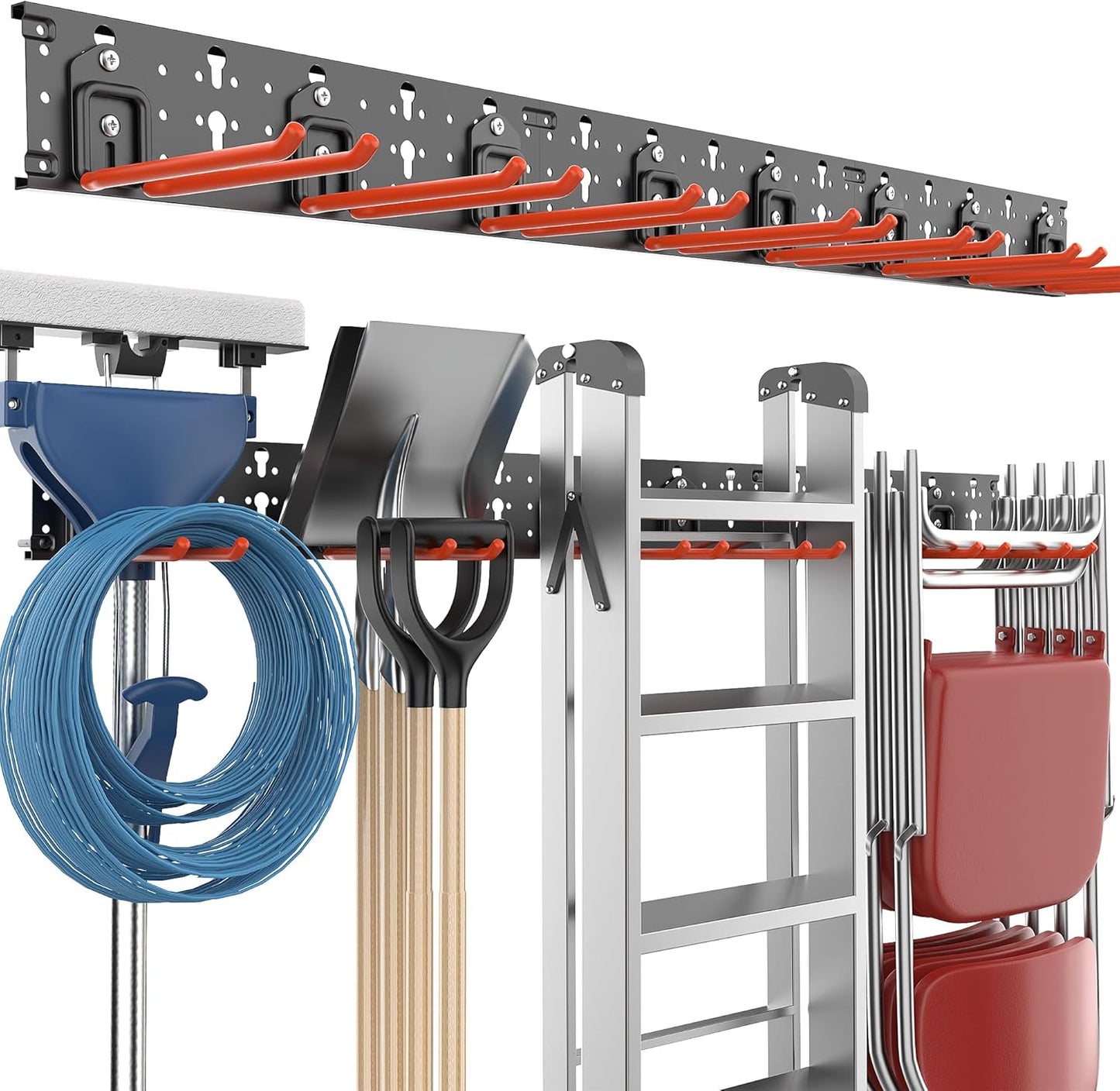 EVERHANGER Garage Tool Storage Organizer Wall Mount, Versatile Garden Tool Rack Organization, Folding Chair Hangers with 8 Multifunctional Hooks, Max Load 330lb, 48inch