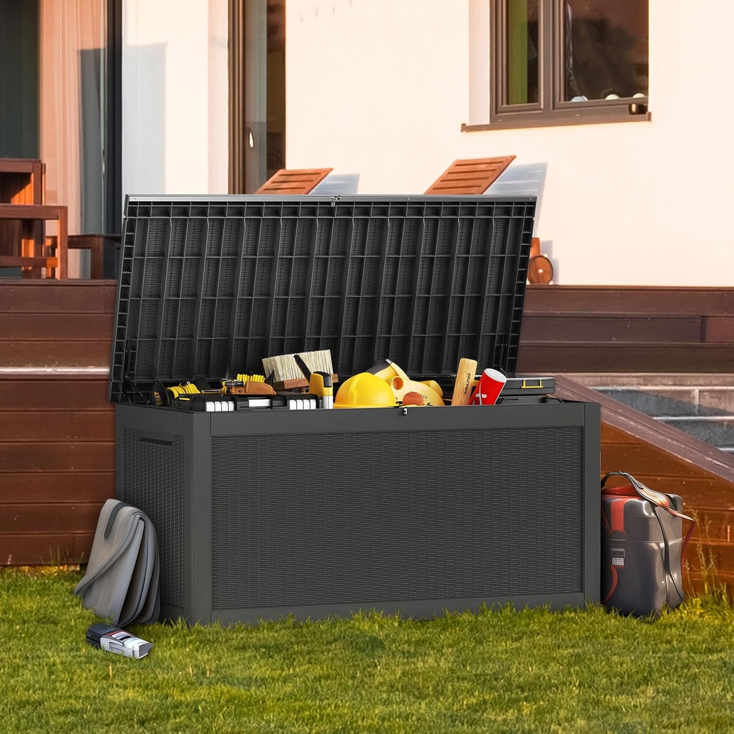 320 Gallon Lockable Resin Deck Box, Waterproof & UV-Resistant Outdoor Storage Box for Outdoor Cushion Storage, Garden Tools & Pool Accessories Storage, Black