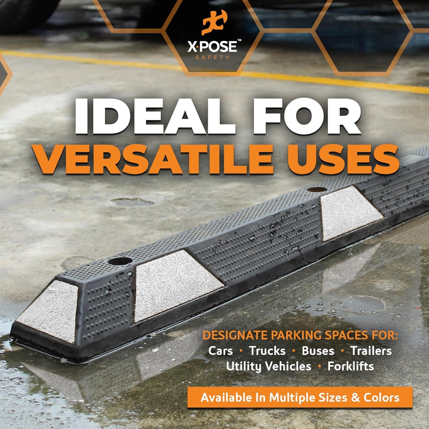 Xpose Safety 48" Heavy Duty Rubber Parking Stopper – 2 Pack Wheel Blocks for Garage, Driveway, or Ramp – Car Bumper Stop with White Reflective Strips – Removable Floor Mount