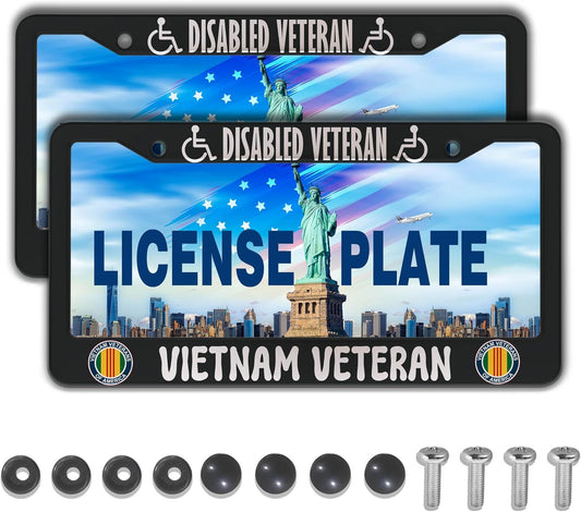 License Plate Frames Black and White License Plate Covers Disabled Vietnam Veteran Universal Aluminum Car Accessory 2 Pack with Screw Covers Set