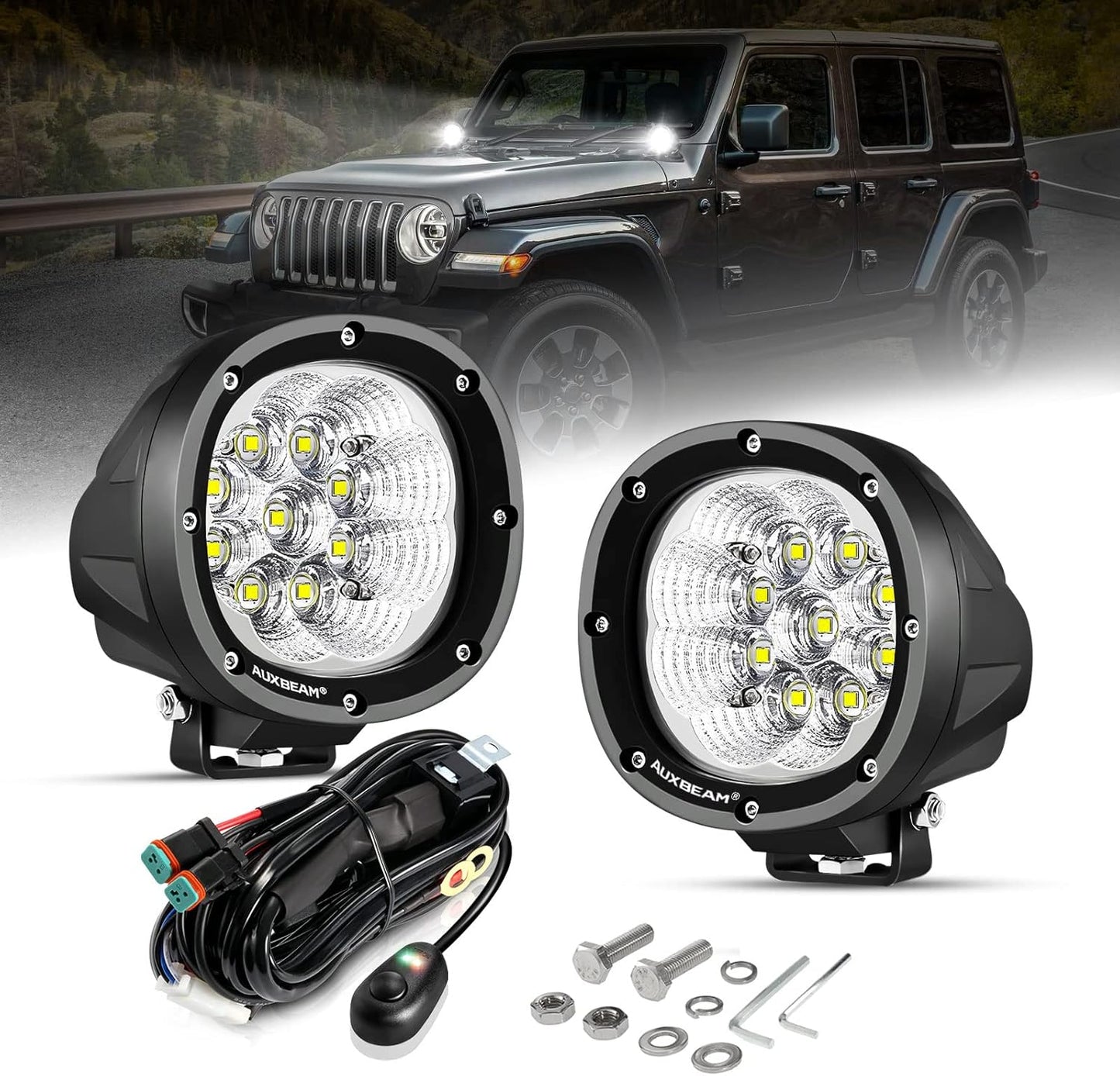 Auxbeam 4 Inch Round LED Light Pods, 90W Offroad Flood White Light Bar, Super Bright 9000LM Driving Work Light with DT Plug Wiring Harness Kit for Truck Boat Pickup ATV UTV SUV-2PCS
