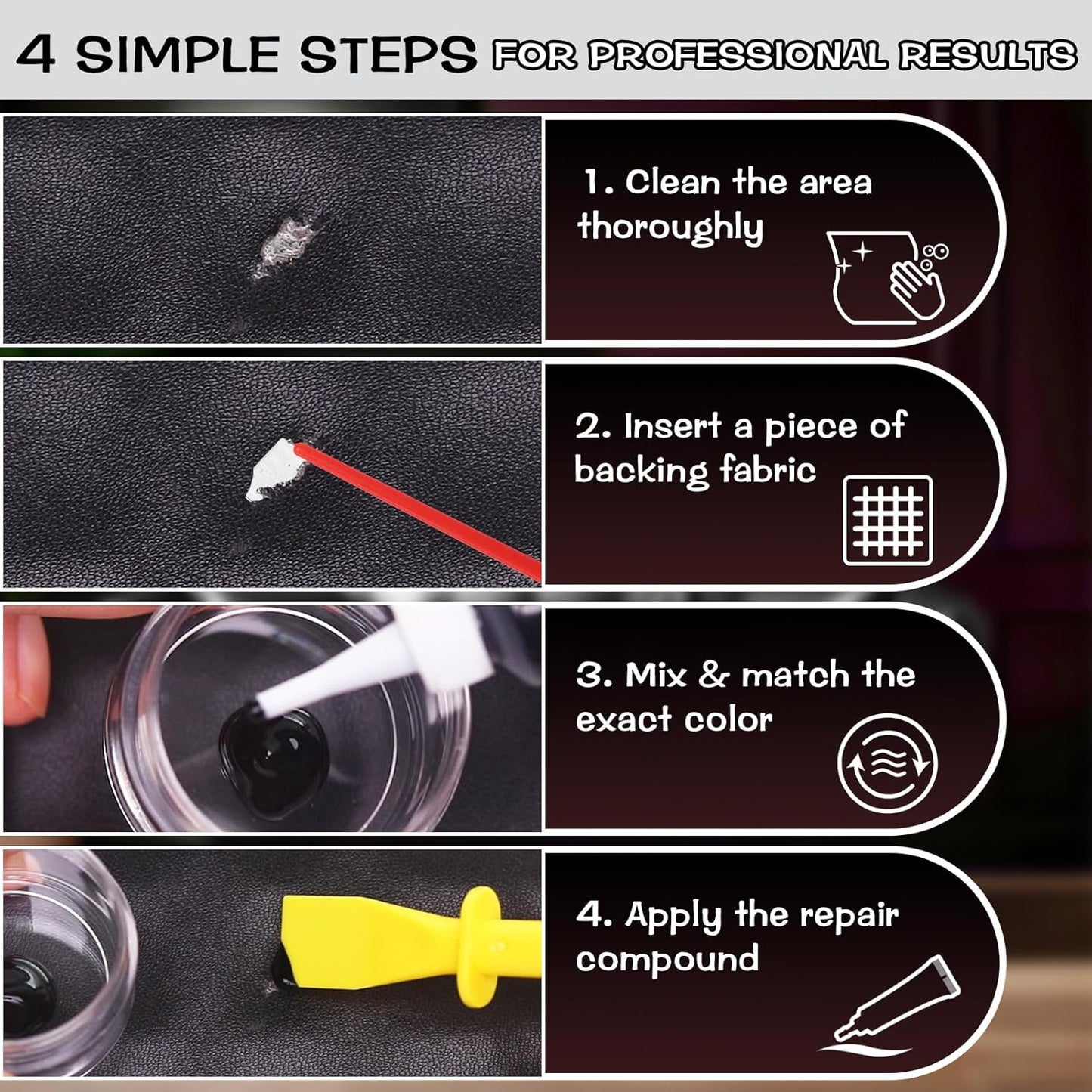 Black Leather & Vinyl Repair Kit, Fix Fading, Tears, Scratches, and Peeling on Leather and Vinyl Furniture, Car Seats, and Jackets, Easy Instruction with Color Mixing Guide