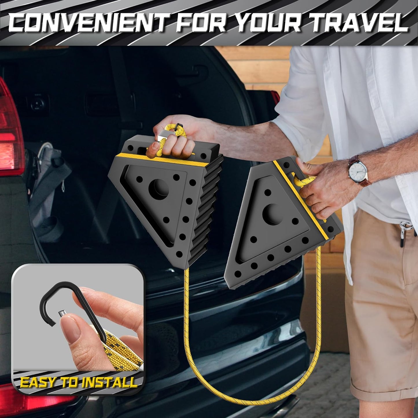 4 Pack Heavy Duty Wheel Chocks with 39" Rope, Rubber Wheel Chocks for Trailers, RV, Cars, Trucks, and ATV