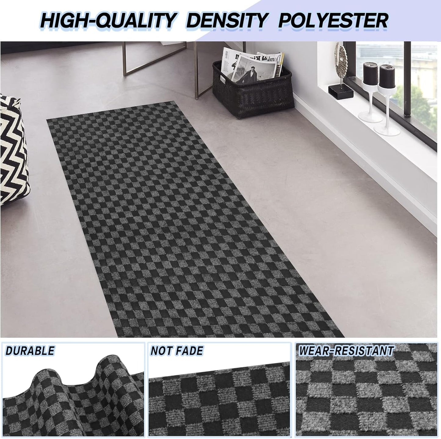 Custom Size Backed Non-Slip Area Rugs Runner, Easy Clean, Waterproof Runner Rugs for Hallway Entryway, Kitchen, Laundry, 4FT x 71FT, Gray Checkered