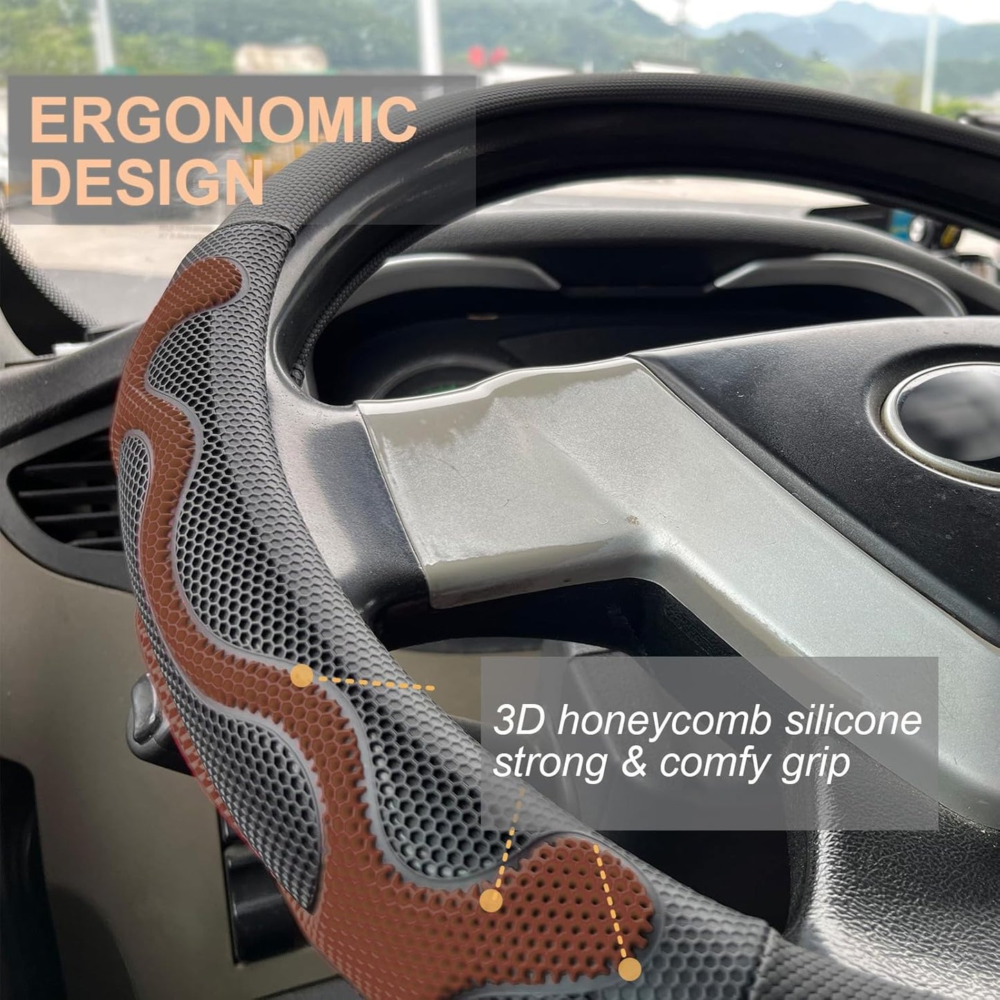 PINCTROT XL Size 17.5-18 Inch Comfy Grip Steering Wheel Cover for Semi Truck, Fits RV, Big Rig Trucker, 18 Wheeler and Classic Cars, Anti-Slip Design 17.5-18 Inch(Silicone Brown)