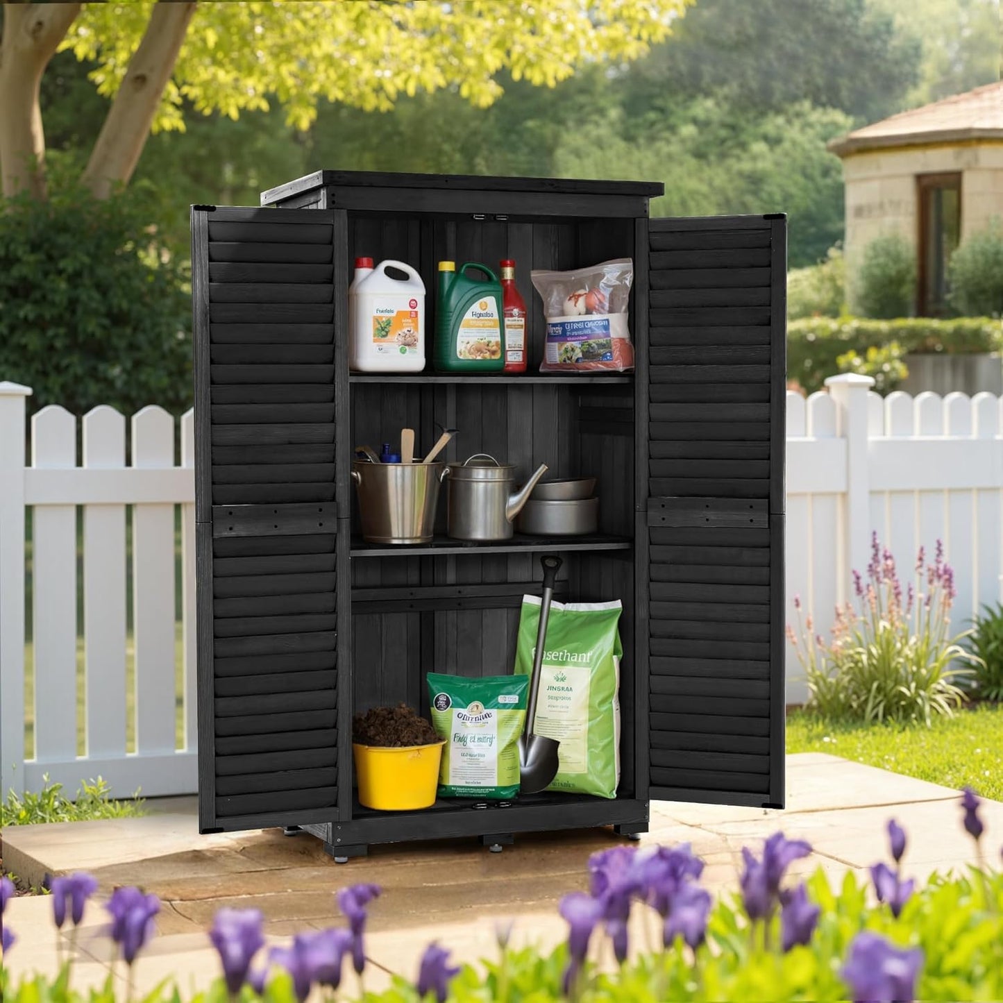 MCombo Outdoor Storage Cabinet, Garden Storage Shed, Outside Vertical Shed with Lockers, Outdoor 63 Inches Wood Tall Cabinet for Yard and Patio 0870 (Black)