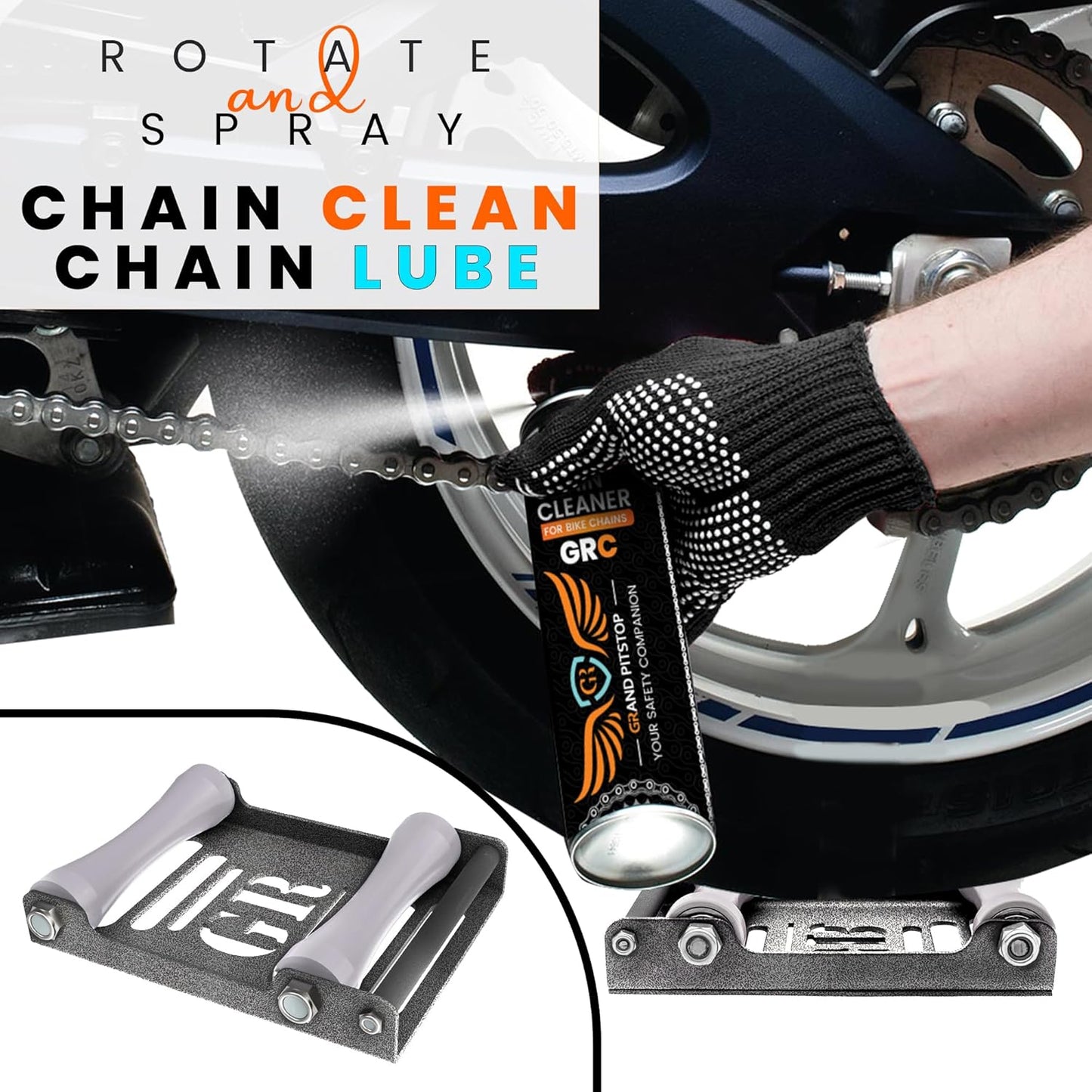 GRAND PITSTOP Motorcycle Roller Wheel Cleaning Stand - Paddock Stand Replacement - Wheel Roller Stand with Ramp Support for tire Cleaning & Chain Lubrication (Roller Large Antic Silver)