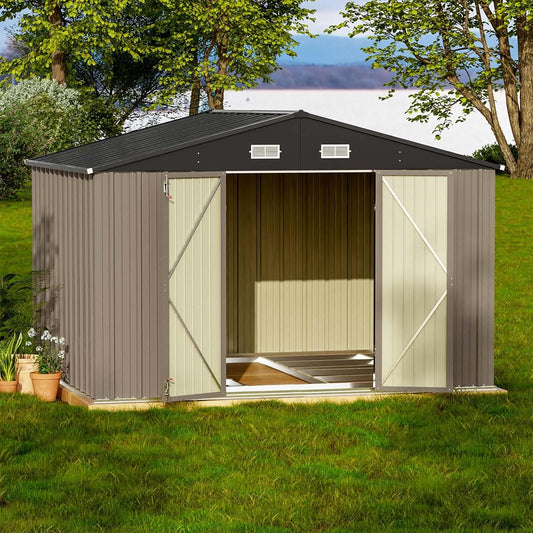 Patiowell 10 x 8 FT Outdoor Storage Shed with Floor Frame, Large Garden Tool Metal Shed with Sloping Roof and Double Lockable Door for Backyard Garden Patio Lawn,Brown