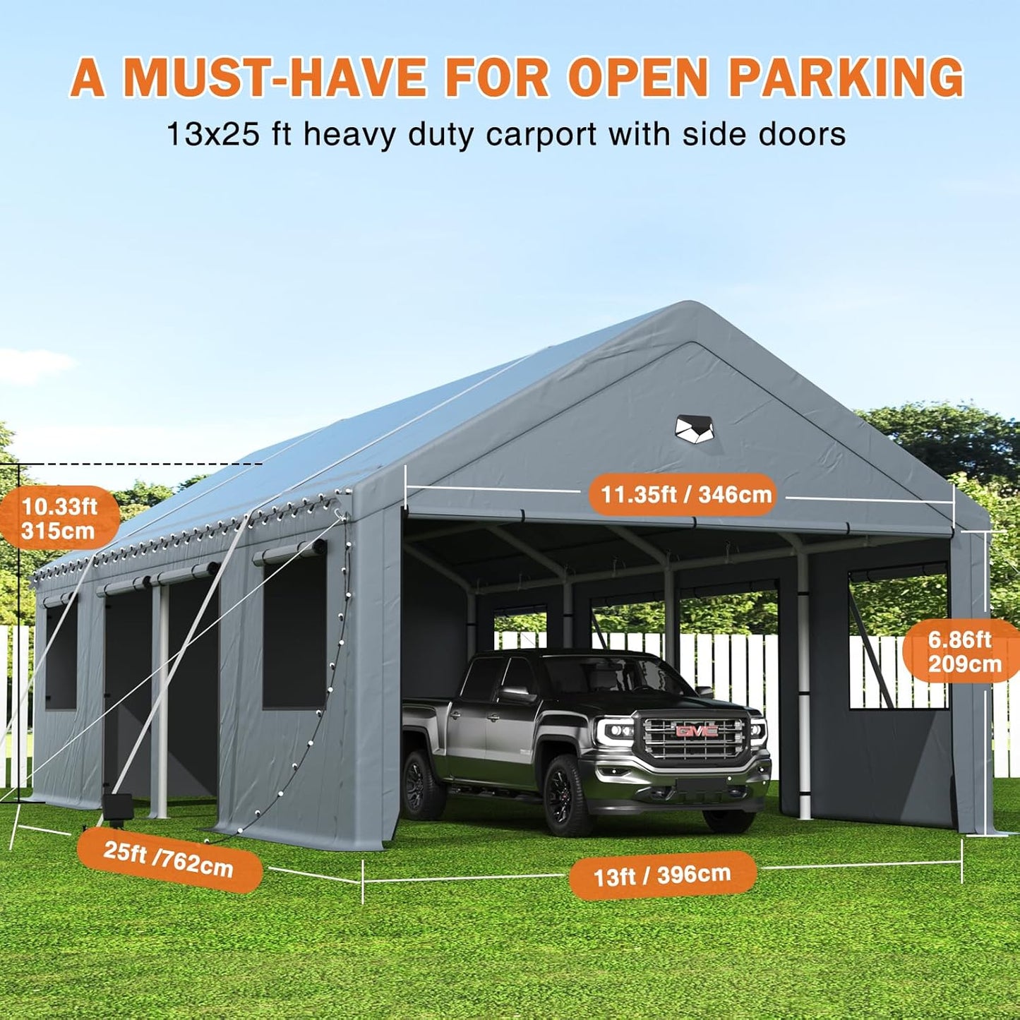 Carports 13X25 Heavy Duty,Portable Car Port Garage,Carport Canopy with Side Doors,Outdoor Car Shelter All Weather,Gray