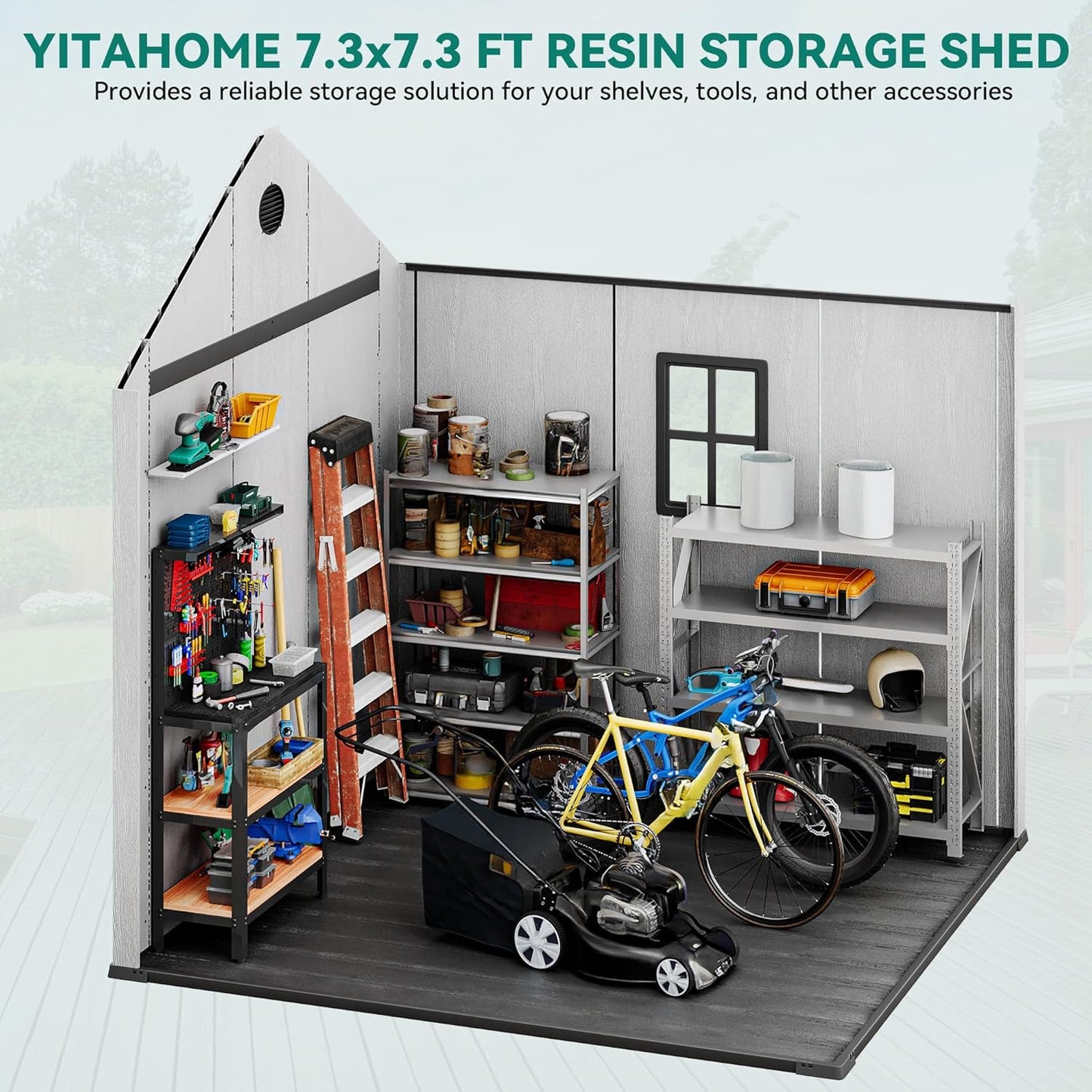 YITAHOME Large Resin Shed with Floor, Windows & Vents, 7.3 x 7.3 ft Weatherproof Tool Storage, Outdoor Storage Shed for Patio, Lawn Mower, and Bike, Gray