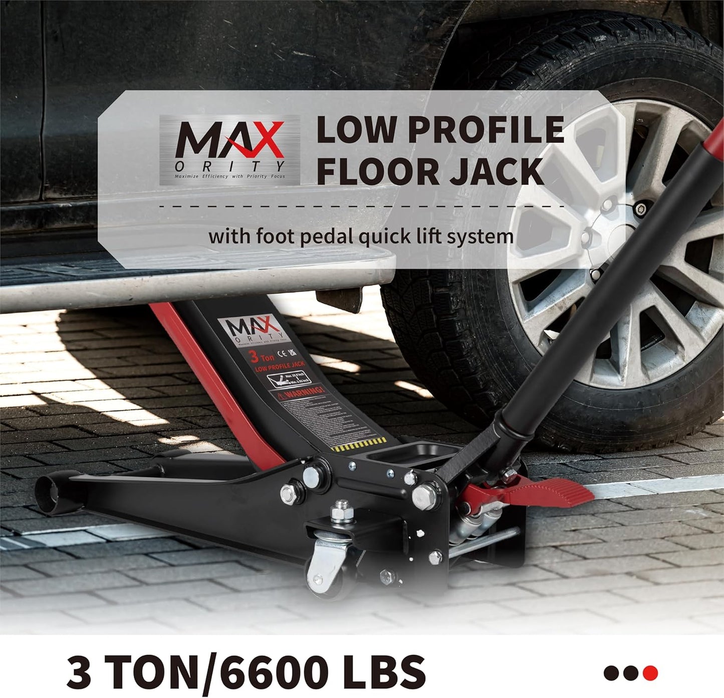 3-Ton (6600lbs) Low-Profile Dual Pistons Heavy-Duty Steel Racing Floor Jack with Quick Lift Hydraulic Pump, Foot Pedal and Magentic Pad for Car Maintenance (Red, 3 Ton Low Profile)