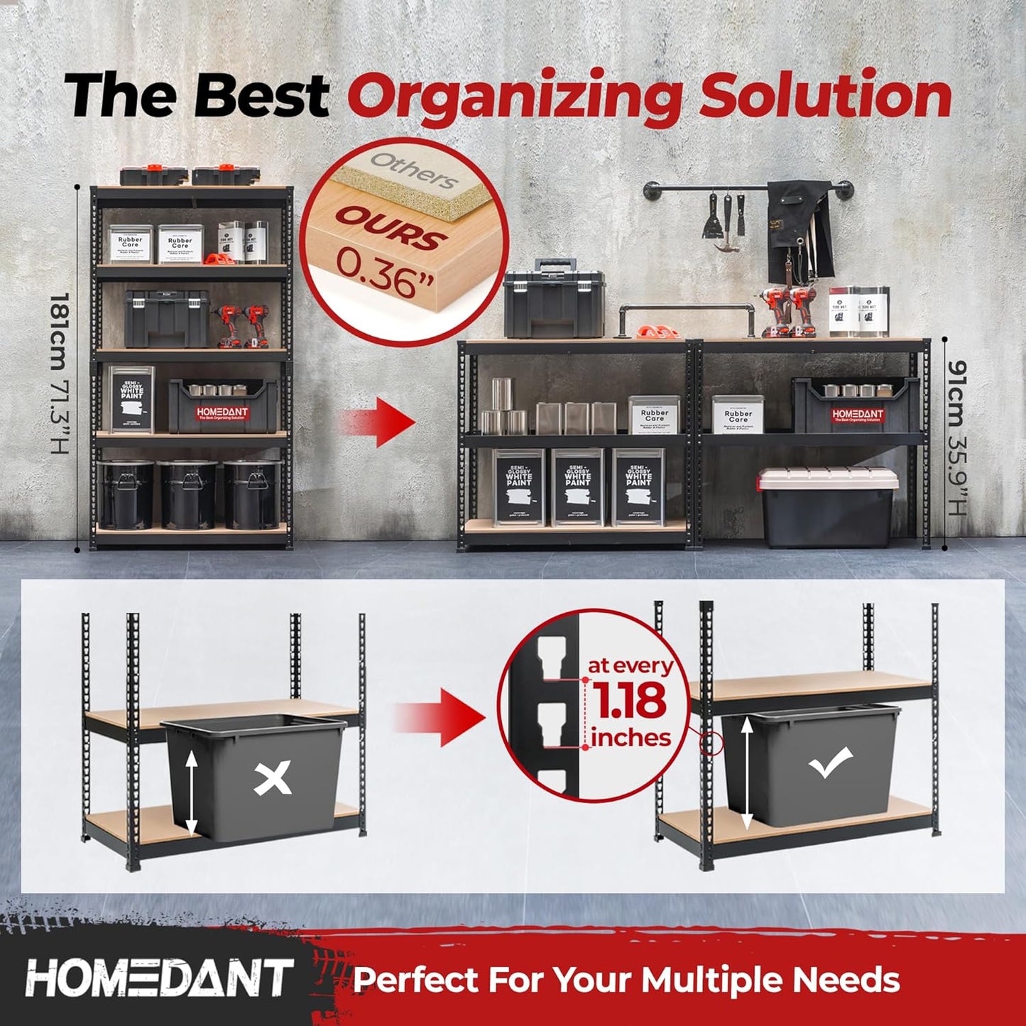 HOMEDANT 5-Tier Laminated Boltless Heavy Duty Metal Shelving Unit Adjustable Garage Storage Utility Rack Shelves Organization Multipurpose Shelf Warehouse Industrial 39.8" W x 18.2" D x 71.3" H 4Pack