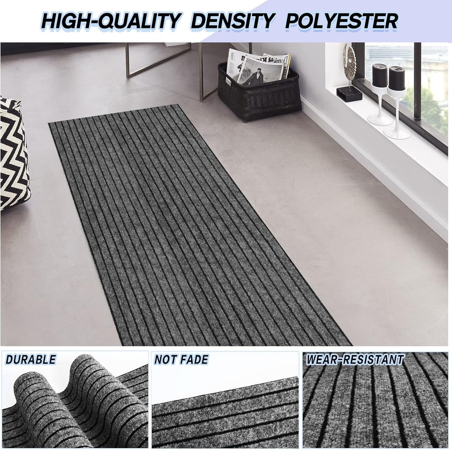 Custom Size Backed Non-Slip Area Rugs Runner, Easy Clean, Waterproof Runner Rugs for Hallway Entryway, Kitchen, Laundry, 4FT x 39FT, Gray Stripe