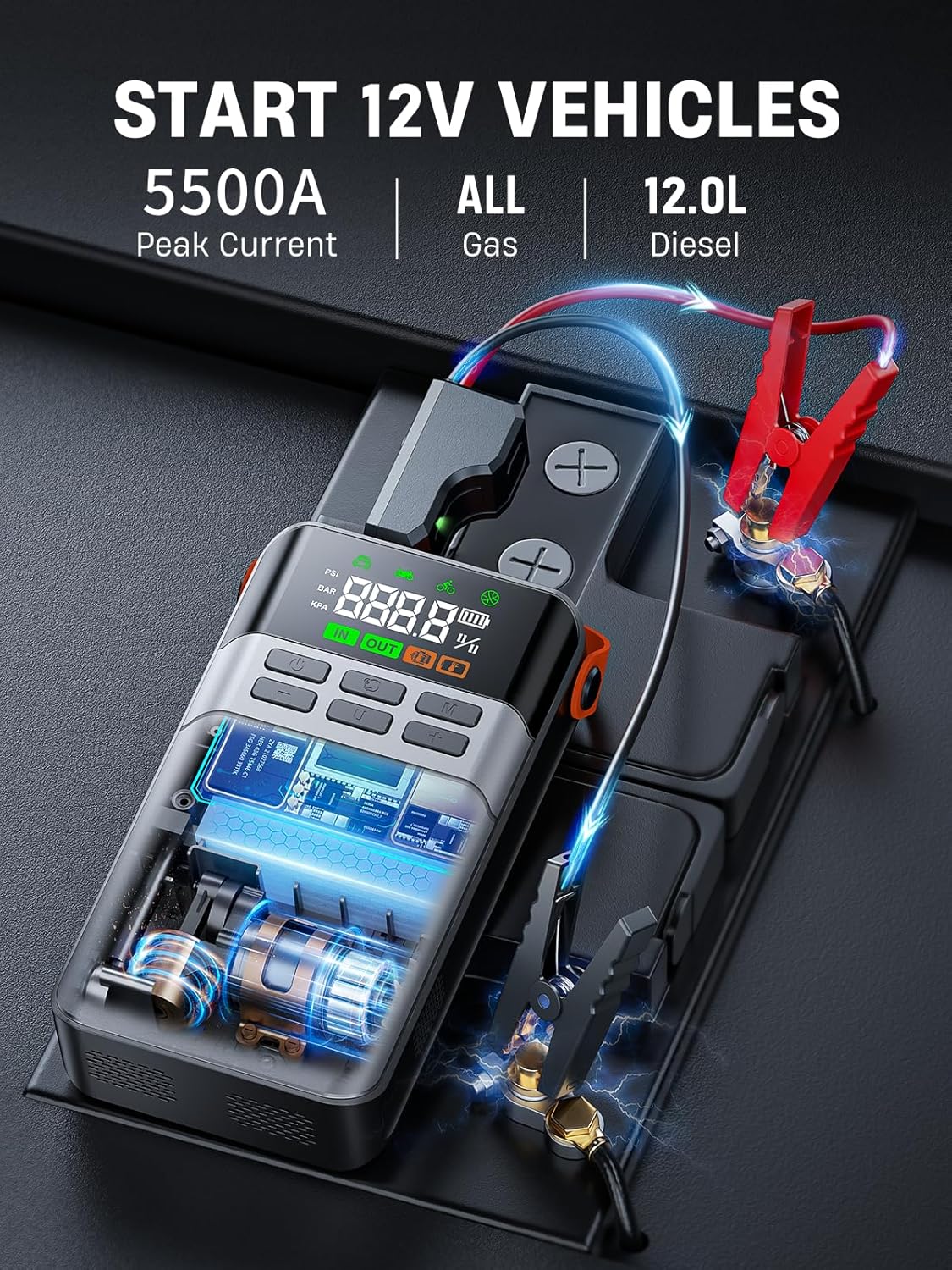 8-in-1 Car Jump Starter with Air Compressor,5500A Portable Jump Starter Pack with 150PSI Tire Inflator, 12V Safe Lithium Jump Box with LCD Display,Flashlight(Up All Gas/12.0L Diesel)