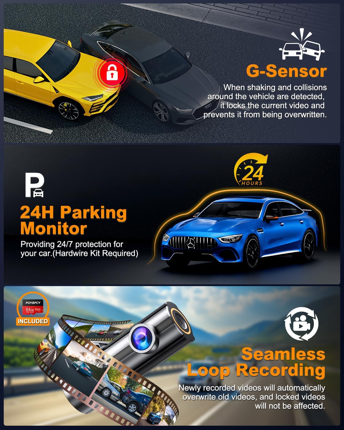 Dash Cam Front and Rear 4K, Built-in 5GHz WiFi with CPL, Dual Dashcams for Cars with 64GB Card, 24H Parking Mode, WDR, Ultra HD Night Vision, G-Sensor, Loop Recording, App Control, Support 256GB Max