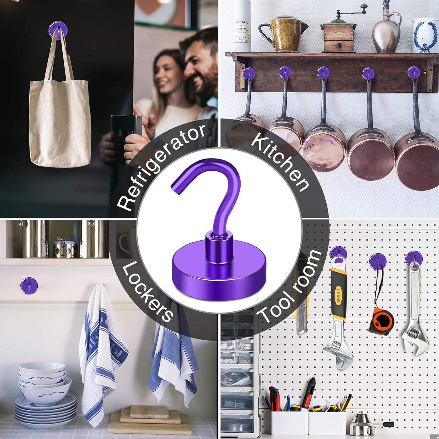 MIKEDE Magnetic Hooks,80LB Heavy Duty Magnets with Hook for Fridge, Super Strong Magnets Neodymium Extra Strength Industrial Hooks for Hanging, Toolbox, Cruise(Purple, 4 Pack)
