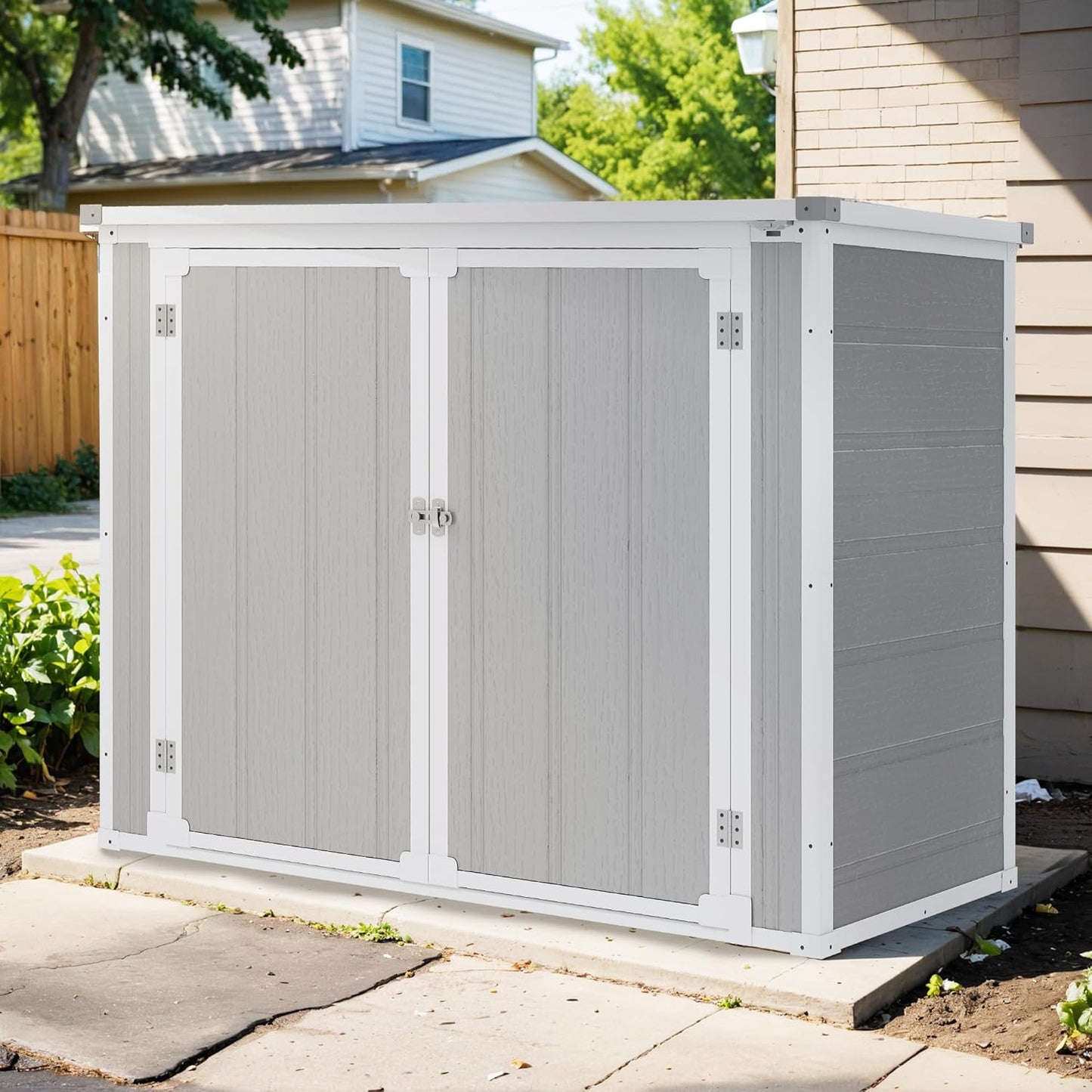 41 Cu.Ft Resin Shed with Floor, 4.7x2.5 FT Outdoor Horizontal Storage Shed for Trash Cans and Garden Tools, Waterproof Outdoor Plastic Shed for Lawn Mower, Pool Toys, Bicycle (Gray)
